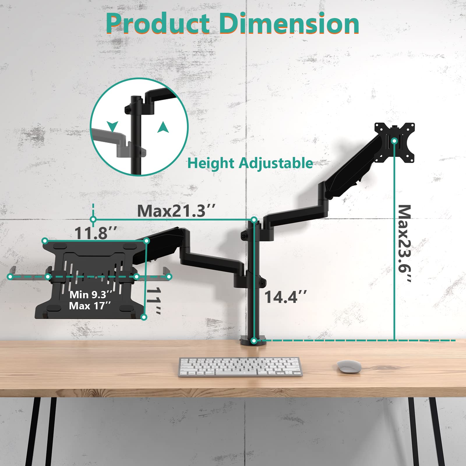 WALI Gas Spring Monitor & Laptop Mount Stand - Adjustable Arm for 15.6