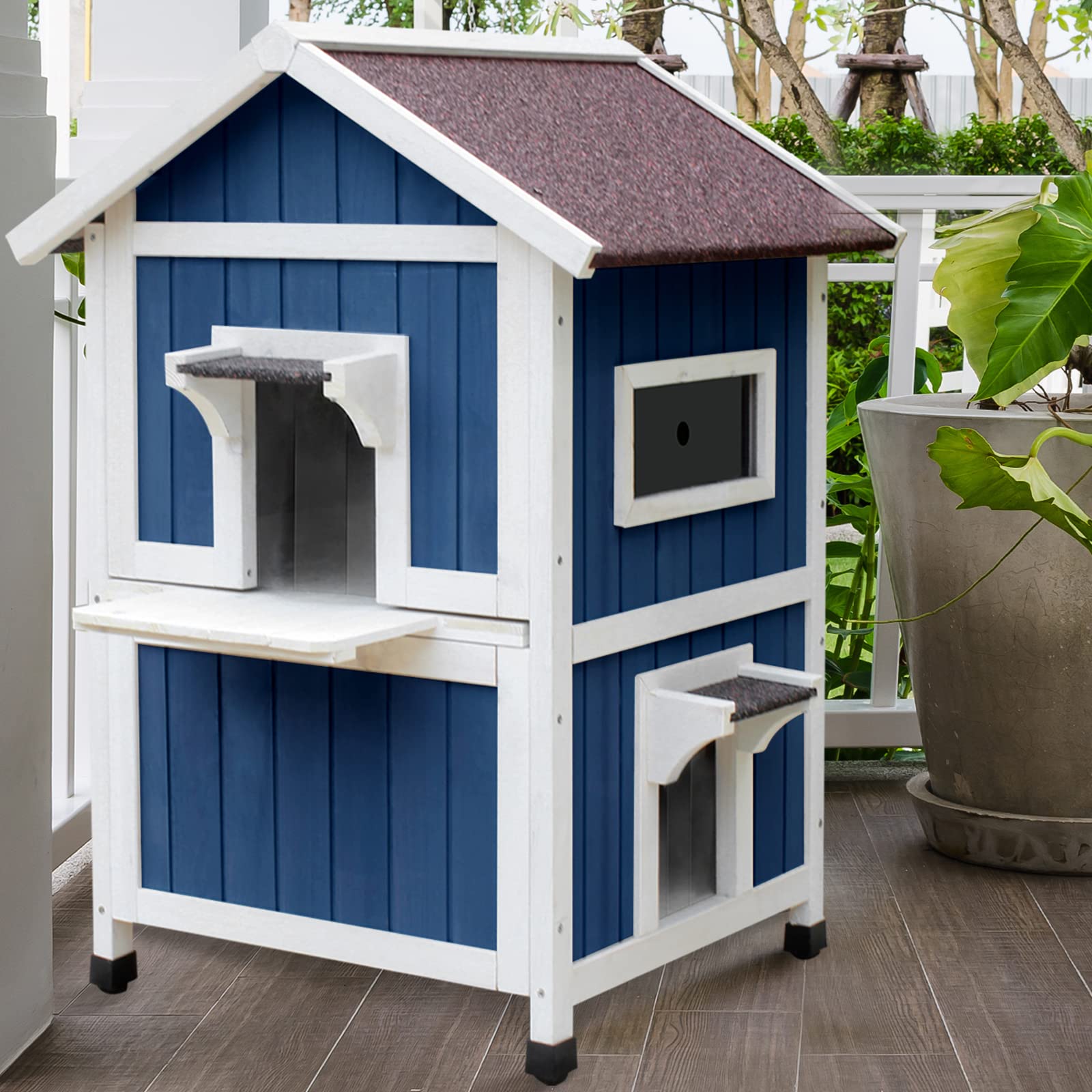 Rockever Weatherproof Outdoor Cat House - Large Wooden Shelter for Feral Cats with Escape Door | Durable Protection for Outdoor, Stray & Backyard Cats in All Seasons