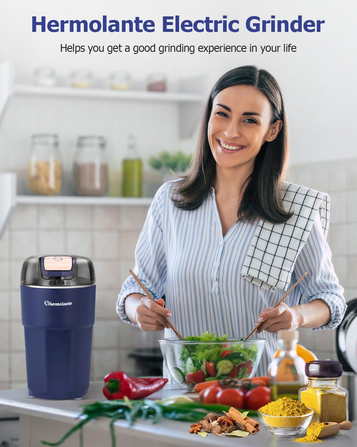 Premium Electric Herb Grinder - 304 Stainless Steel Blades & Cleaning Brush Included - Perfect for Grinding Herbs, Spices, Coffee, Nuts & Seeds - Ideal for Kitchen, Camping & Travel Use