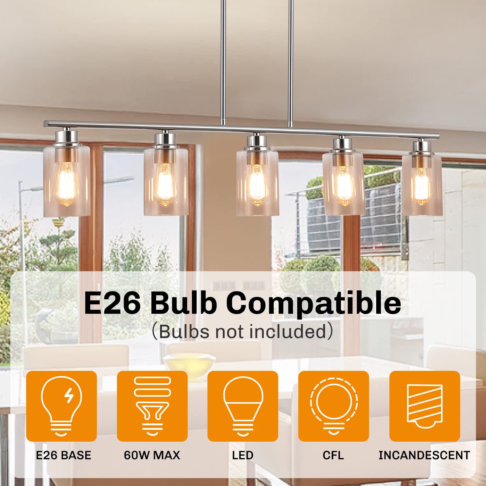 5-Light Farmhouse Pendant Lighting for Kitchen Island - Brushed Nickel with Clear Glass Shade - Perfect for Dining Room, Living Room & Kitchen Decor