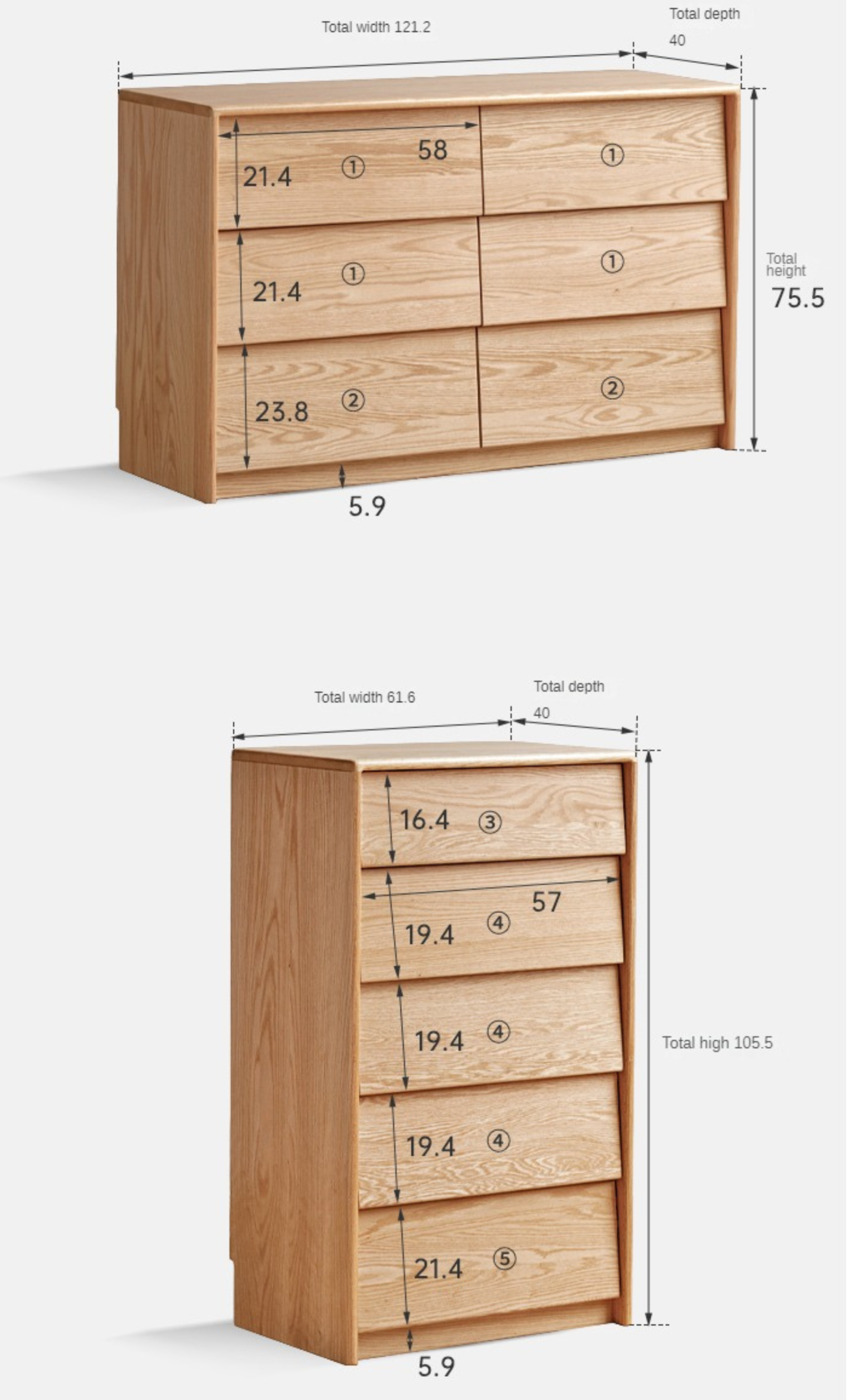 Solid Oak Wood Slanted Surface Chest of Drawers - Vintage Style Dresser for Bedroom, Living Room & Office Storage