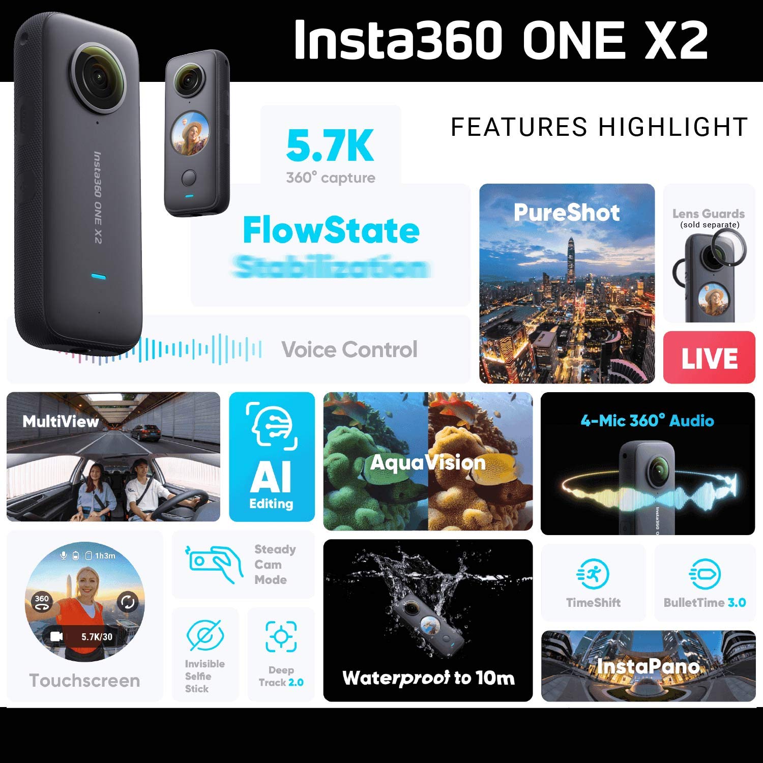 Insta360 ONE X2 360° Action Camera with 5.7K Touchscreen - Waterproof 360° Video & 18MP Photos, Steady Cam Mode, InstaPano | Perfect for Vlogging, Travel Adventures & Sports Recording | Includes Selfie Stick & 128GB SD Card (3-Piece Bundle)