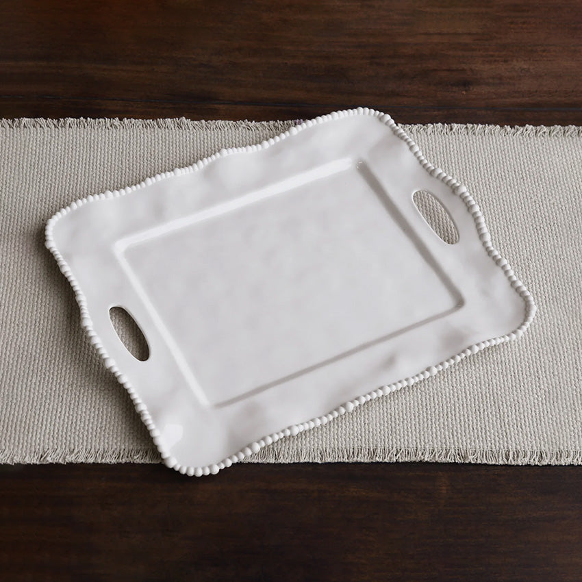 Beatriz Ball Vida Alegria Rectangular Serving Tray with Handles - Elegant White Entertaining Platter for Parties, Dining & Home Decor