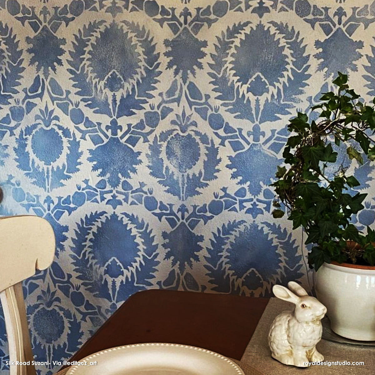 Handmade Silk Road Suzani Wall Stencil - Traditional Floral Pattern for DIY Home Decor, Wall Painting & Boho Interior Design