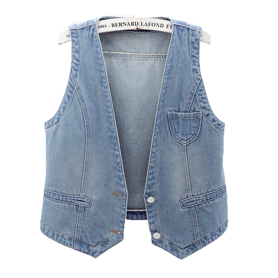 Light Blue Denim Vest for Women - Sleeveless Jacket with Pockets | Korean Style Slim Fit Waistcoat | Perfect for Summer Outfits, Casual Wear & Street Fashion