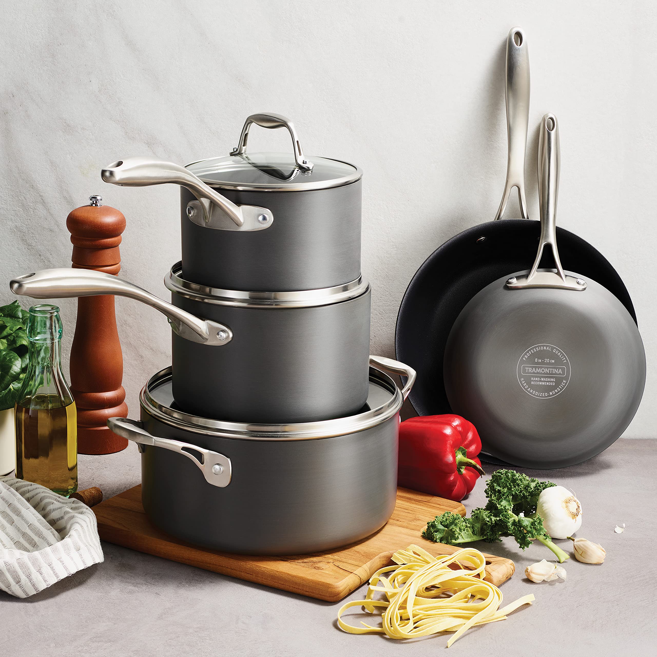 Tramontina 8-Piece Hard Anodized Nonstick Cookware Set with Glass Lids - Pots & Pans Kitchen Set, Oven & Dishwasher Safe (350°F) - Perfect for Sauteing, Boiling & Everyday Cooking