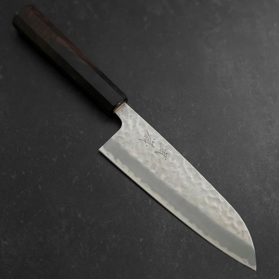 Premium Santoku Knife 165mm - Stainless Steel Clad Blue Super Core, Tsuchime Hammered Finish, Buffalo Ebony Handle - Perfect for Sushi, Vegetables & Meat Preparation