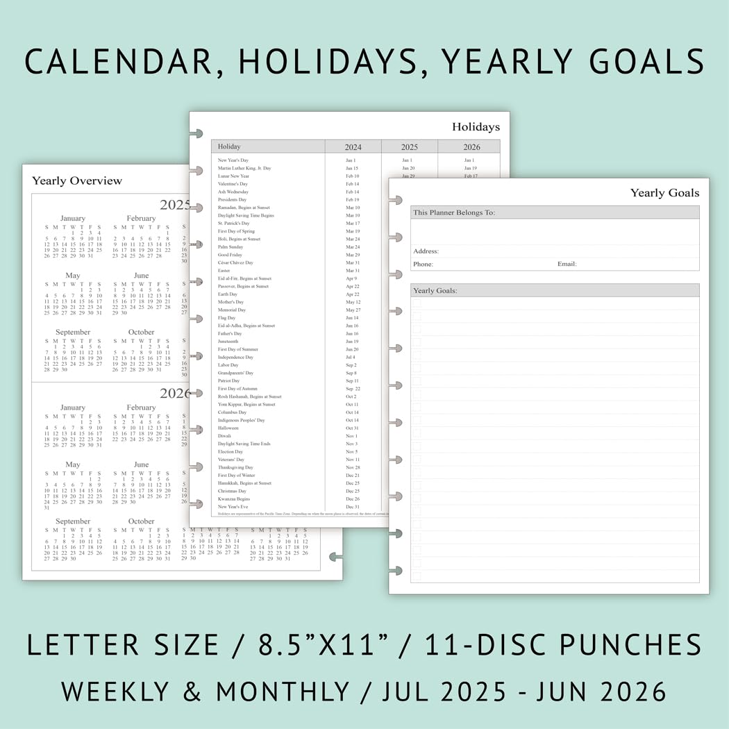 2025-2026 Weekly Planner Refill Pages for 11-Discbound Notebooks | July 2025 - June 2026 Calendar | Monthly Tabs & 11-Disc Punch Holes | Letter Size 8.5