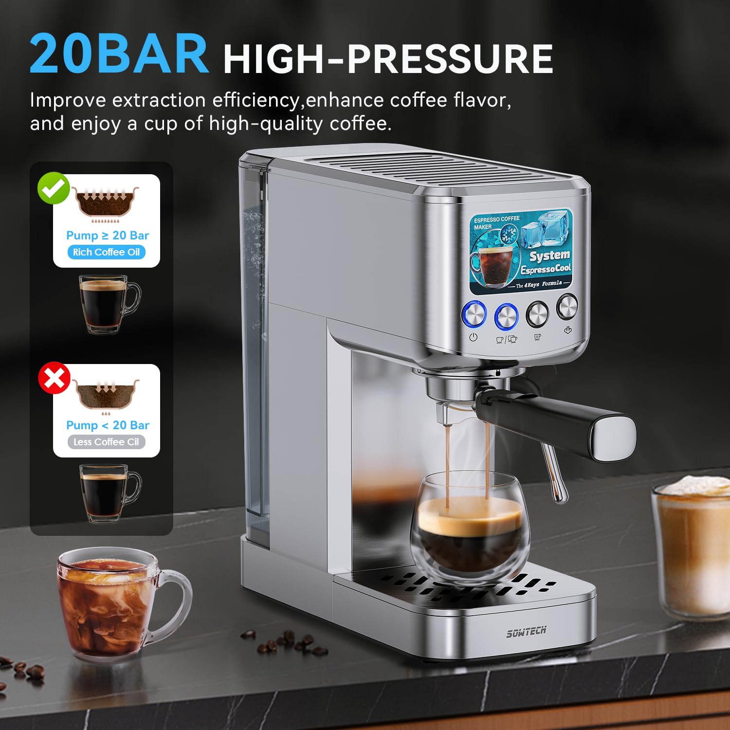 20 Bar Compact Espresso Machine with Milk Frother - Stainless Steel Coffee Maker with 42oz Water Tank for Cappuccino, Latte & Cold Brew - Perfect for Home, Office & Small Cafes (Silver)