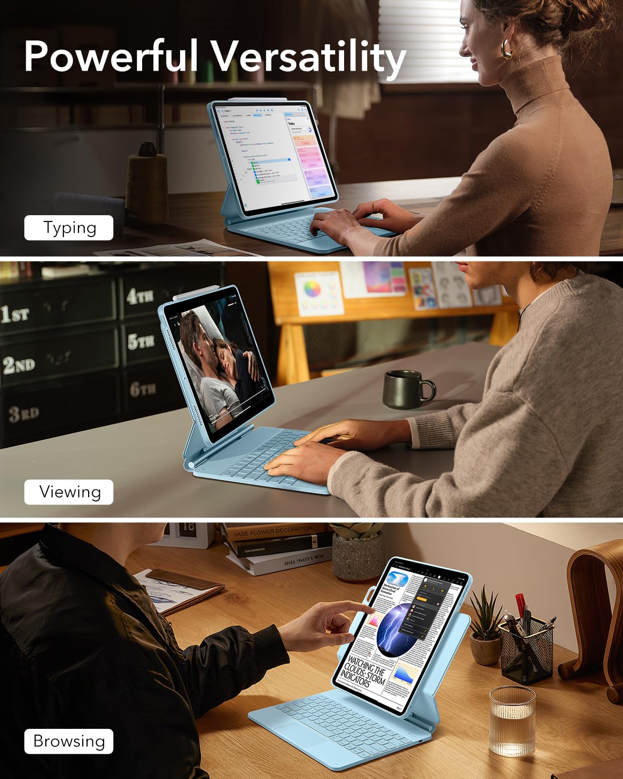 ESR iPad Pro 13 Inch Keyboard Case (M4, 2024) - Magnetic Stand with Easy-Set Portrait & Raised Modes | Rebound 360 Series | Removable Protective Cover | Blue | Perfect for Work, Study & Travel