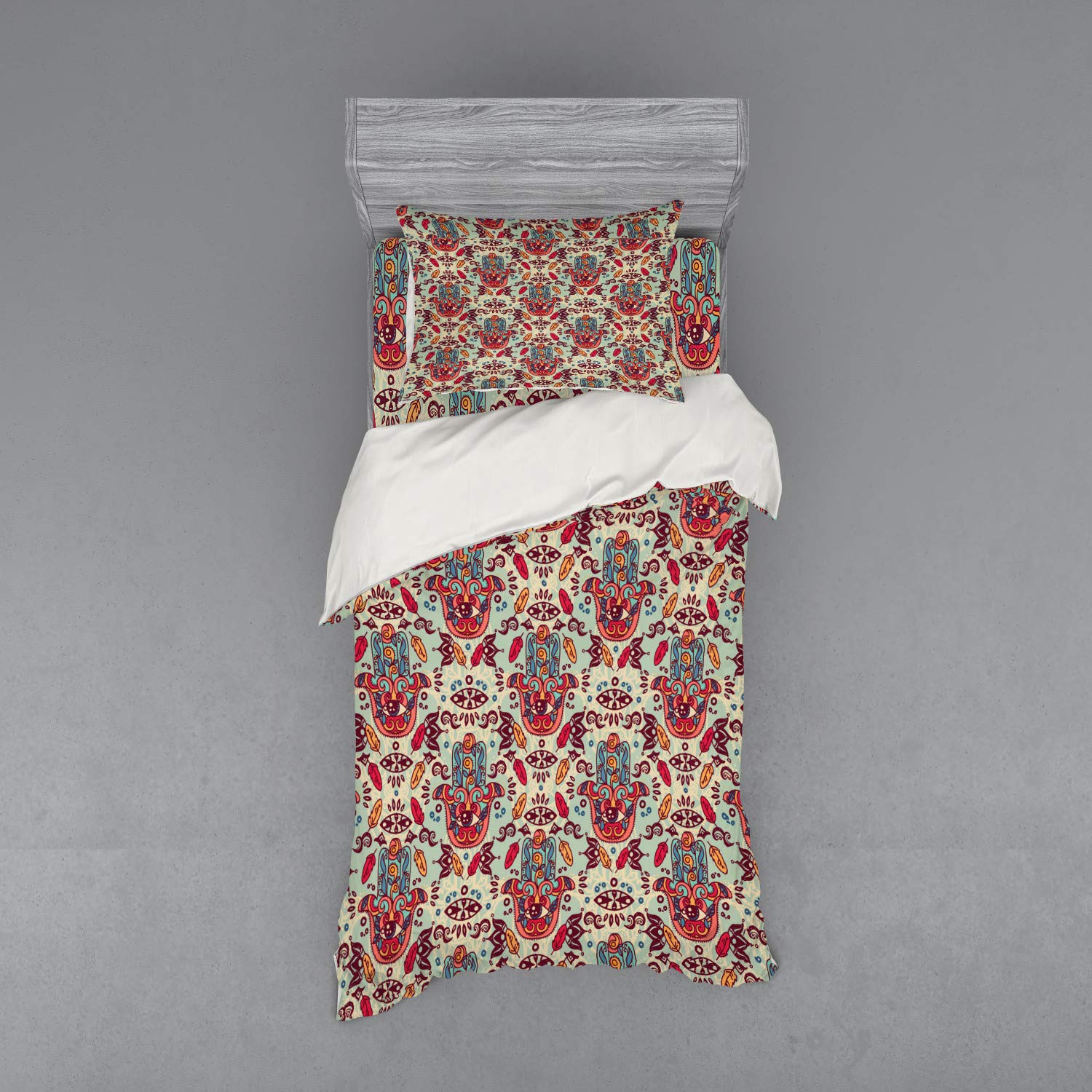 Ambesonne Hamsa Duvet Cover Set - Colorful Ornamental Sketch Design 3-Piece Bedding Set with Pillow Sham & Fitted Sheet, Twin Size, Multicolor - Perfect for Bohemian Bedroom Decor & Spiritual Home Styling