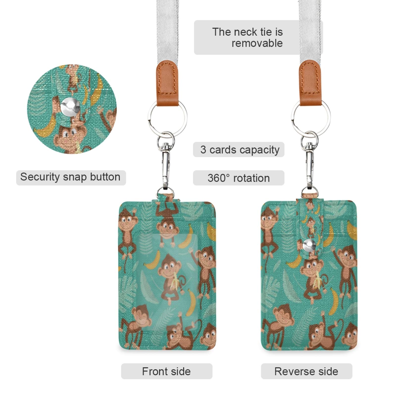 Tropical Monkey Banana Leaves ID Badge Holder with Lanyard - Detachable Keychain PU Leather Vertical ID Card Case for Women, Men, Teachers, Office Workers & Students - Perfect for Work, School, Events & Travel