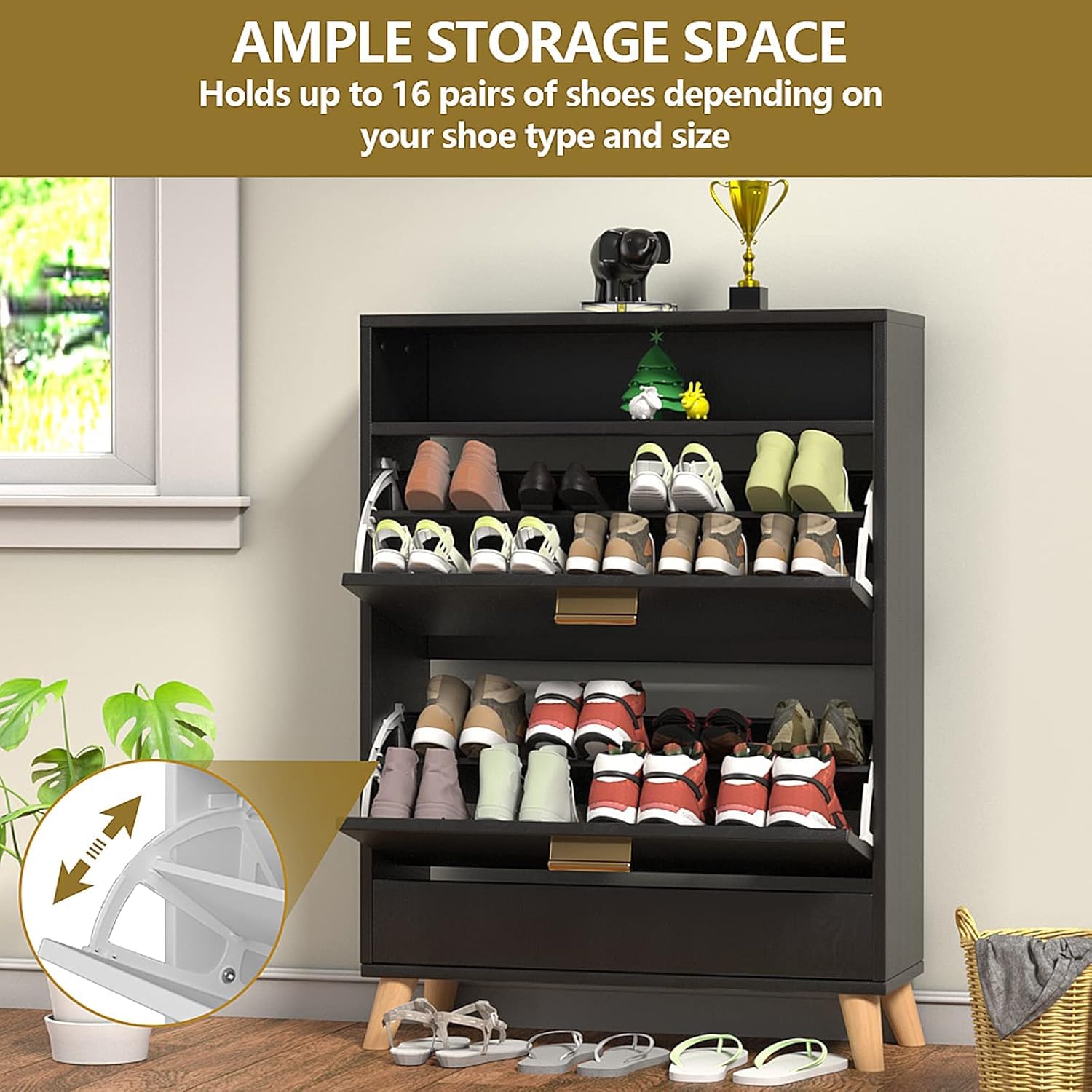 3-Tier Shoe Storage Cabinet with Flip Drawers - Space Saving Entryway Shoe Organizer for Closet, Hallway & Bedroom (Dark Black) | Narrow Shoe Rack with Hidden Doors & Free Standing Design