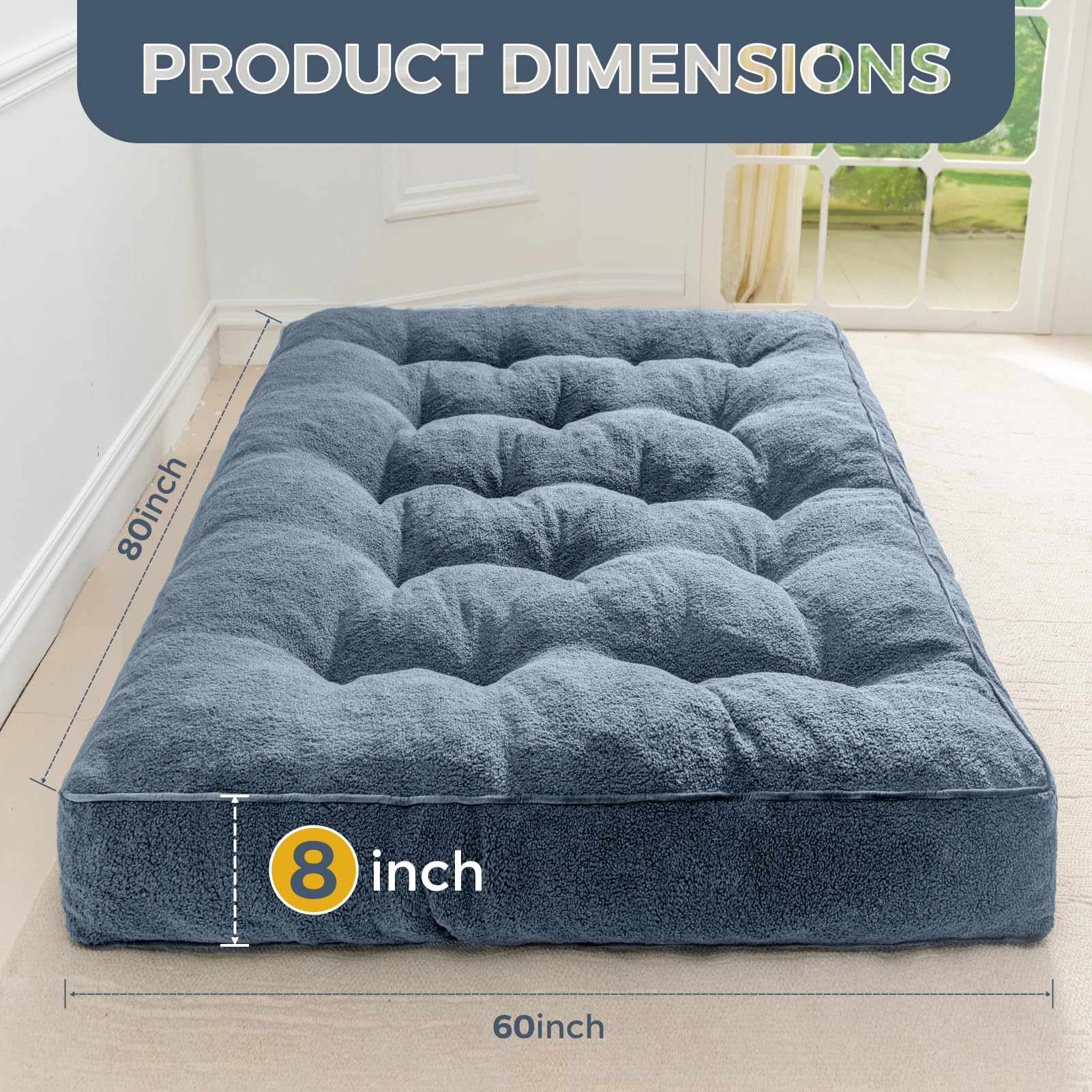 MAXYOYO 8 Inch Tufted Futon Sofa Couch Bed - Thick Boucle Floor Futon Mattress for Adults (Mattress Only) in Dusty Blue | Perfect for Small Spaces, Guest Rooms & Dorm Rooms