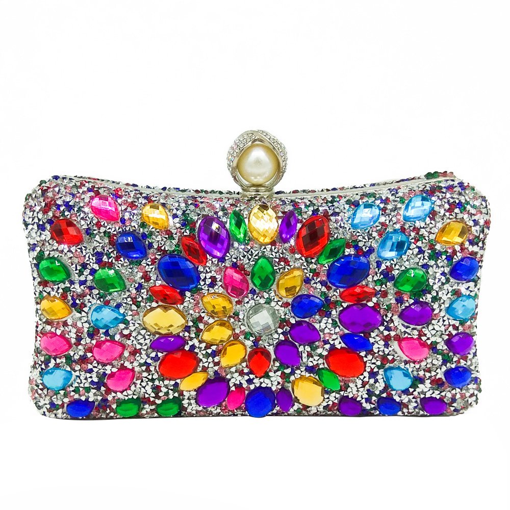 Elegant Multi-Colored Pearl Clasp Crystal Evening Clutch Bag for Women - Perfect for Weddings, Parties & Special Occasions
