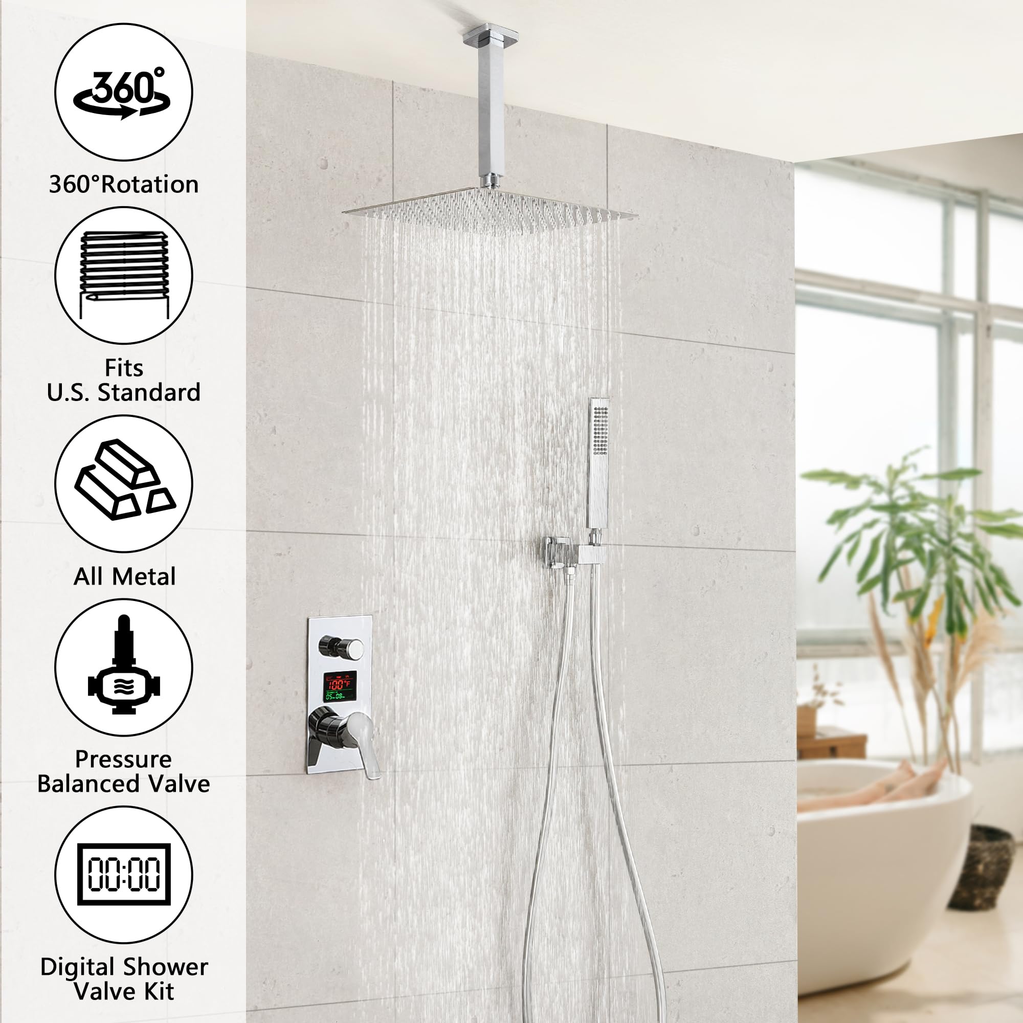 SKWOLL Polished Chrome Shower Faucet Set - 12 Inch Ceiling Mount Rain Shower Head with Digital LCD Display & 2-Function Valve Kit | Modern Bathroom Upgrade for Luxury Spa Experience