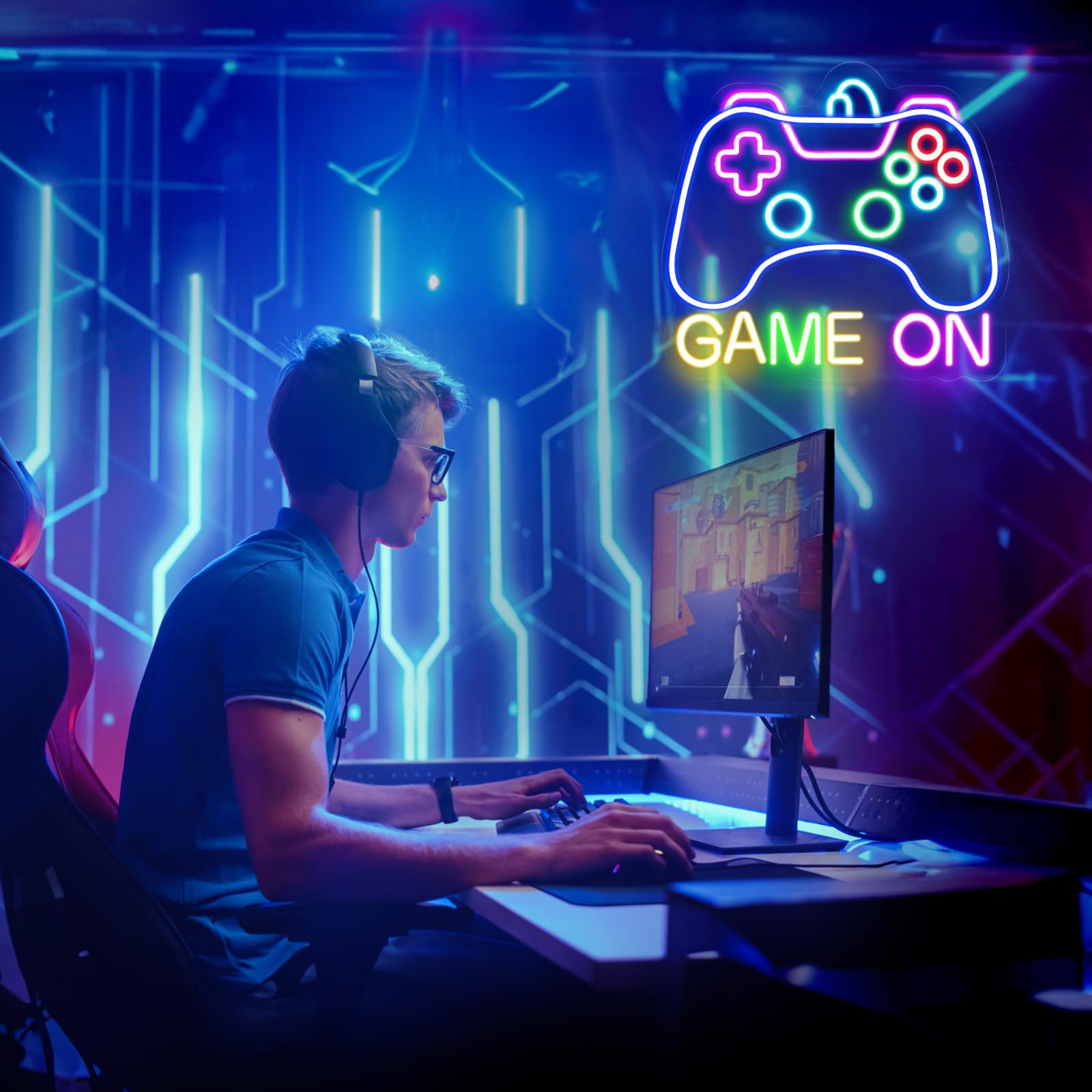 Game On Neon LED Sign - Gamer Wall Decor for Game Room & Teen Bedroom - Cool Gaming Neon Light for Boys, Men & Kids - Perfect Gamer Gift for Birthday & Gaming Setup