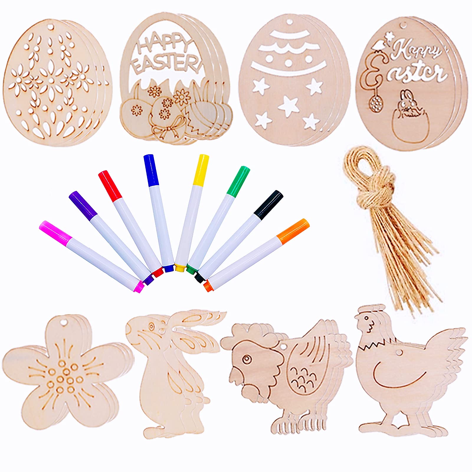 IFLYOOY 32PCS Unfinished Wood Easter Decorations for Kids Crafts - DIY Easter Hanging Ornaments, Toddler Toys & Party Favors for Easter, Halloween, Christmas - Perfect for Holiday Decorations, Classroom Activities & Gift Giving