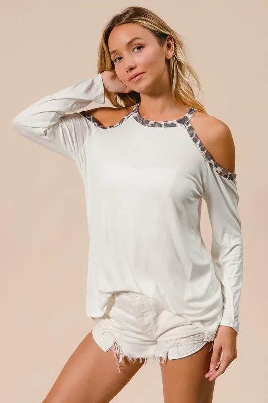 Stylish BiBi Jersey Knit Cold Shoulder Top with Leopard Print Neckline - Trendy Women's Fashion for Casual Outings & Date Nights