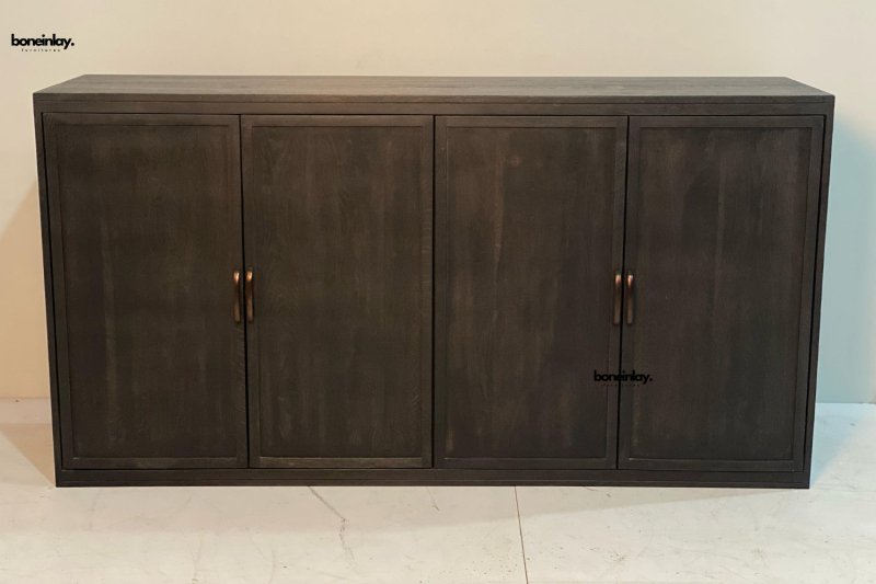 Handmade Four Door Brown Oak Sideboard - Rustic Solid Wood Buffet Cabinet for Dining Room, Living Room & Entryway Storage