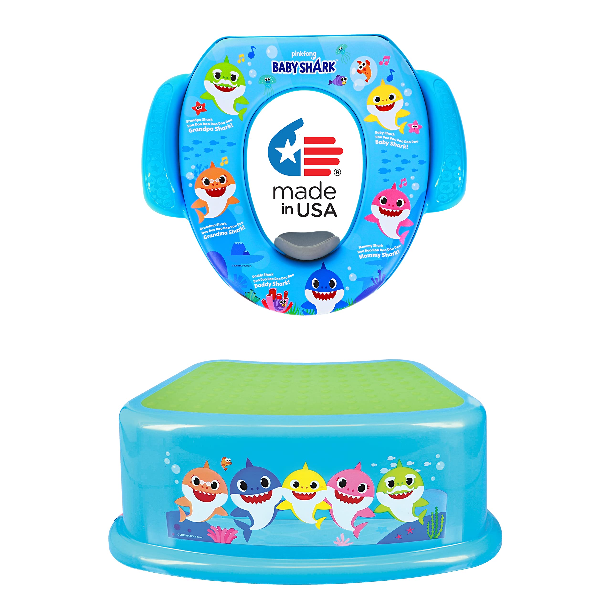 Pinkfong Baby Shark 2-Piece Potty Training Set with Soft Cushion & Step Stool - Safe, Easy to Clean Toilet Trainer for Toddlers - Perfect for Home, Daycare & Travel Use