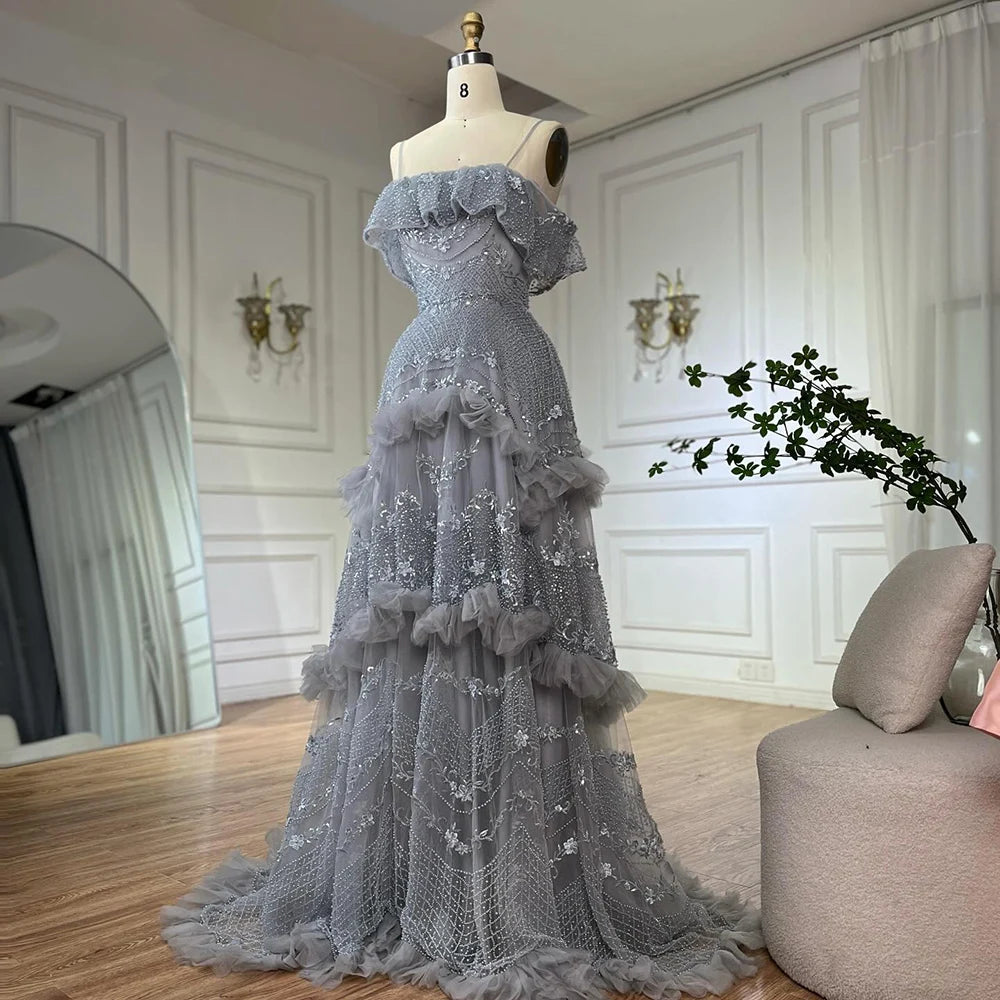 Luxury Dubai Arabic Gray A-Line Off-The-Shoulder Beaded Saudi Evening Gown LA72762 for Formal Events, Weddings & Red Carpet Occasions