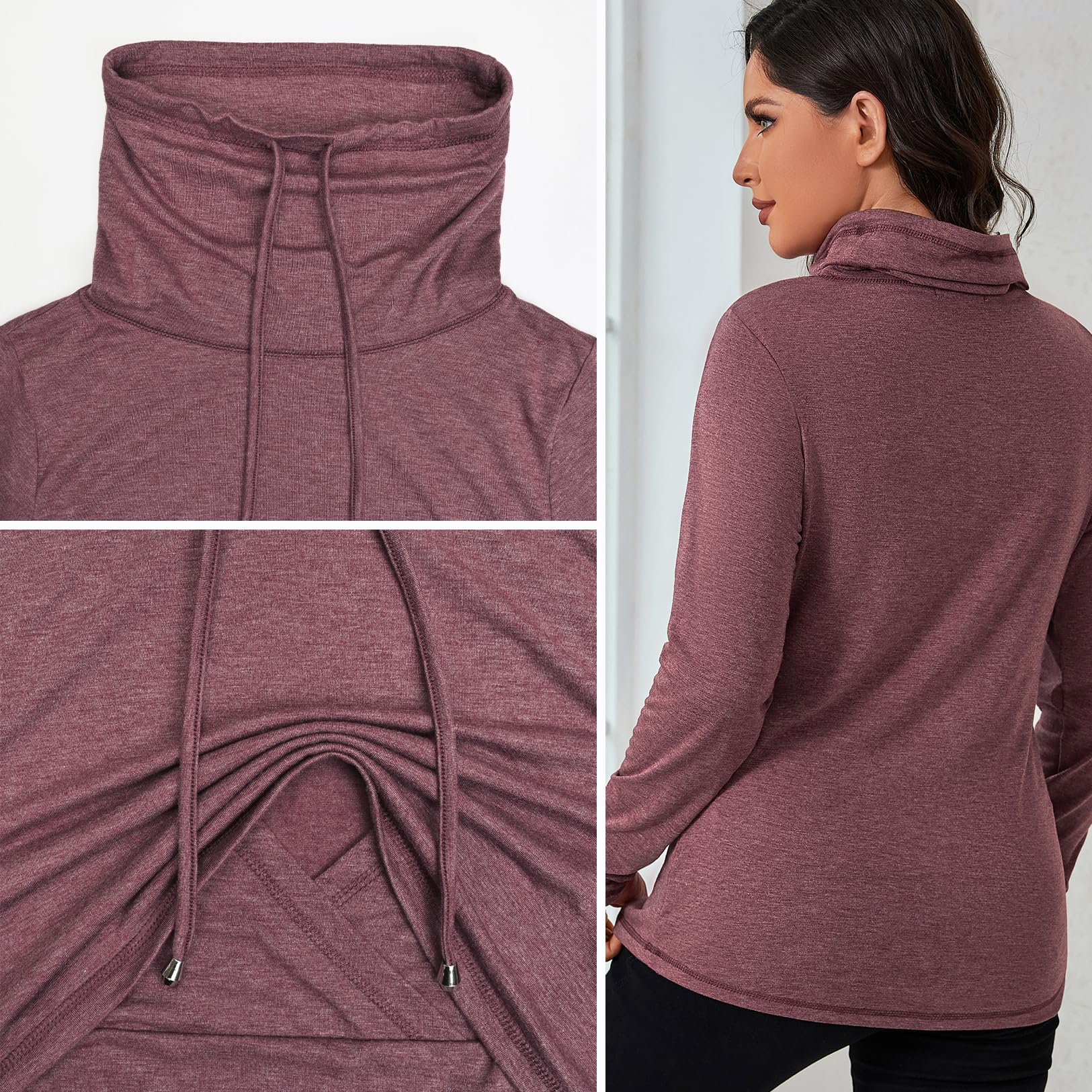 GINKANA Women's Nursing Tops - Long Sleeve Breastfeeding Shirts with Drawstring Cowl Neck - Comfortable Nursing Tee for Moms - Perfect for Nursing, Pumping & Everyday Wear