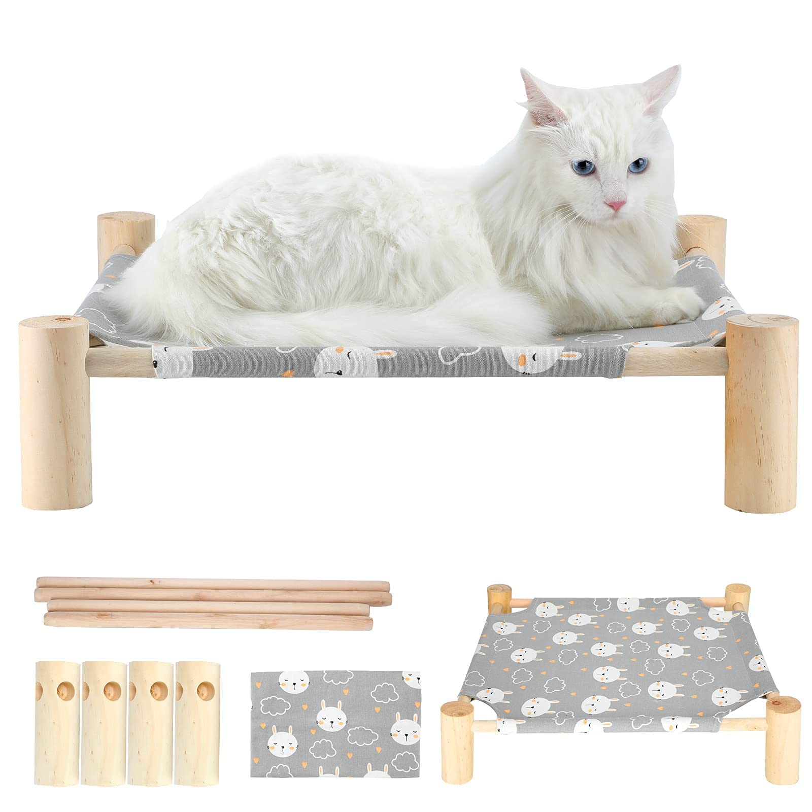 Premium Solid Wood Cat Hammock Bed - Washable & Removable Elevated Pet Bed for Cats & Small Dogs | Breathable Comfort for Indoor/Outdoor Use | Easy Assembly (Rabbit Design) - Perfect for Living Rooms, Bedrooms & Patios