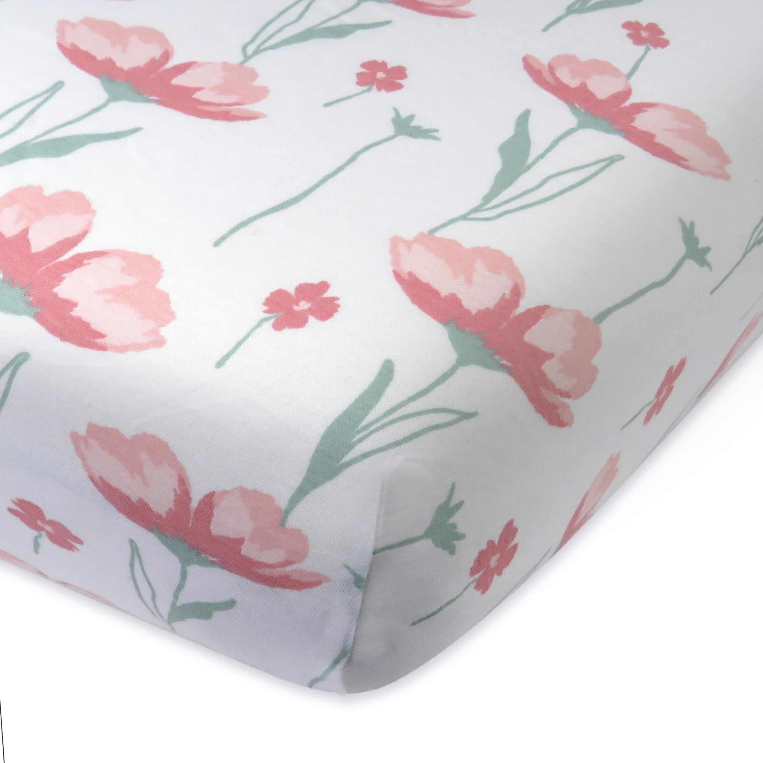 HonestBaby 100% Organic Cotton Fitted Crib Sheets - Standard Size for Bassinet & Crib Mattress - Soft Mini Prints in Strawberry Pink Floral - Unisex for Baby Boys & Girls - Perfect for Nursery, Daycare & Travel Use