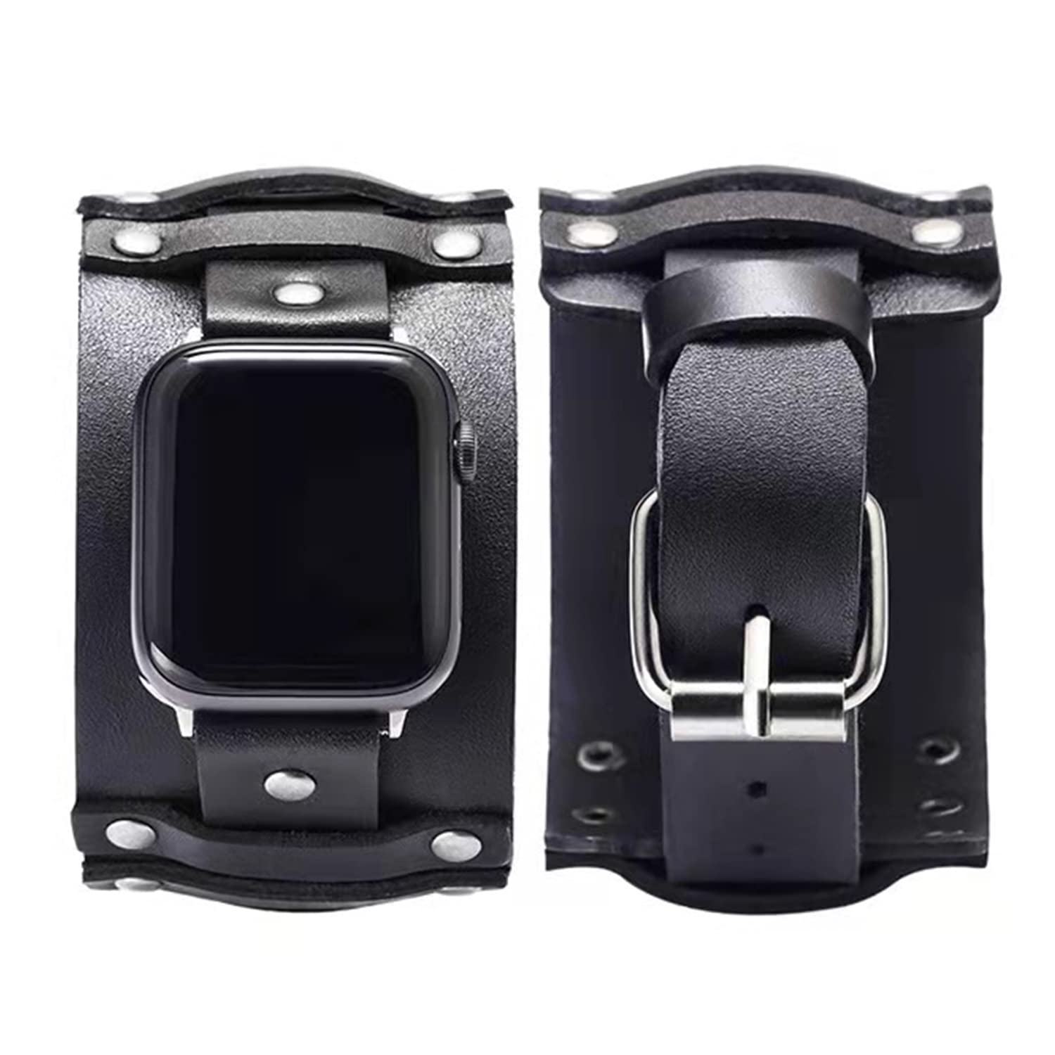 Vintage Wide Leather Apple Watch Band Compatible with Series 7/6/5 - Stylish & Durable Replacement Strap for Men & Women (Black) | Perfect for Business, Casual Wear & Everyday Use