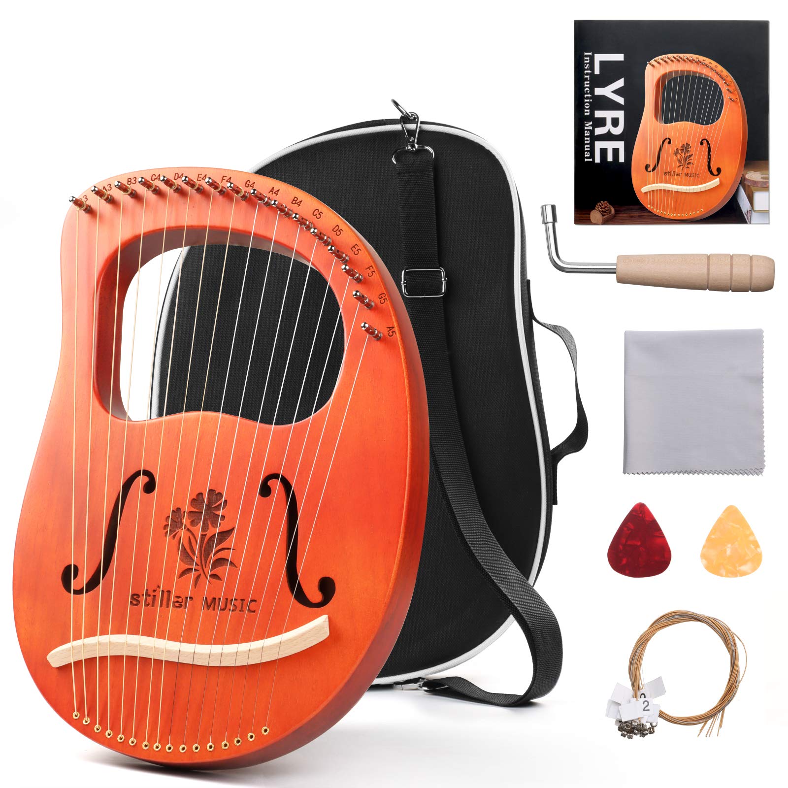 16 String Mahogany Lyre Harp with Tuning Wrench & String Set - Professional Musical Instrument for Beginners & Music Lovers | Perfect for Meditation, Home Decor, and Celtic Music Performances (Begonia)