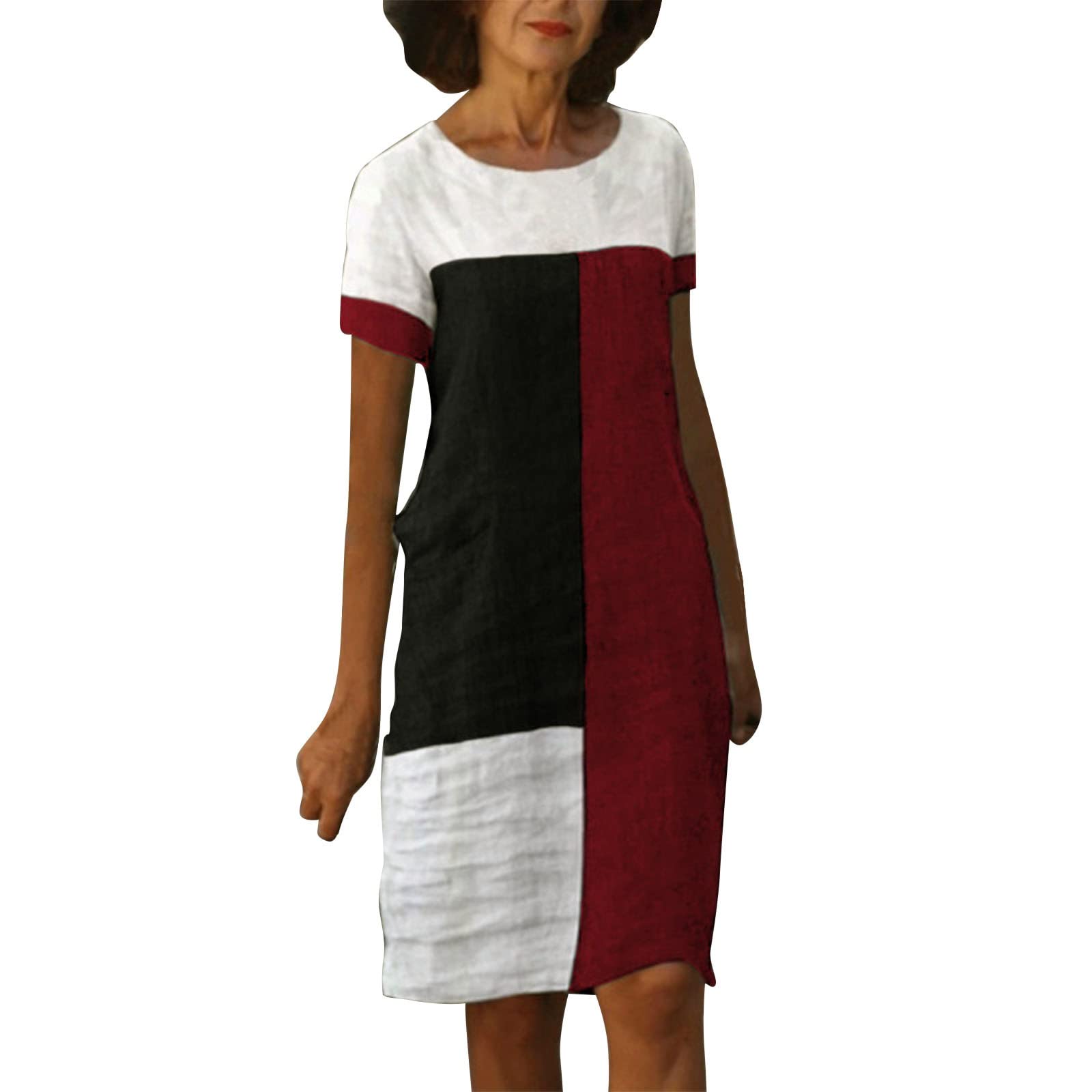 Women's Summer Plaid Print Half Sleeve Crew Neck Shift Dress - Knee-Length Midi Cami Dress for Casual Wear, Office, and Outdoor Activities