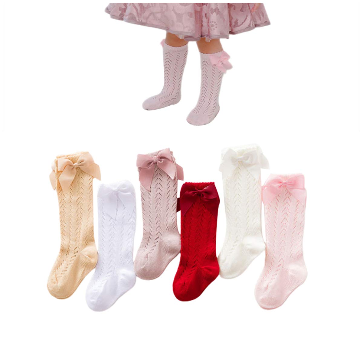 FYBITBO 6 Pack Baby Girl Knee High Socks - Cotton Ruffled Long Stockings with Bows for Newborn & Toddler | Perfect for Dress Up, Photo Shoots & Everyday Outfits