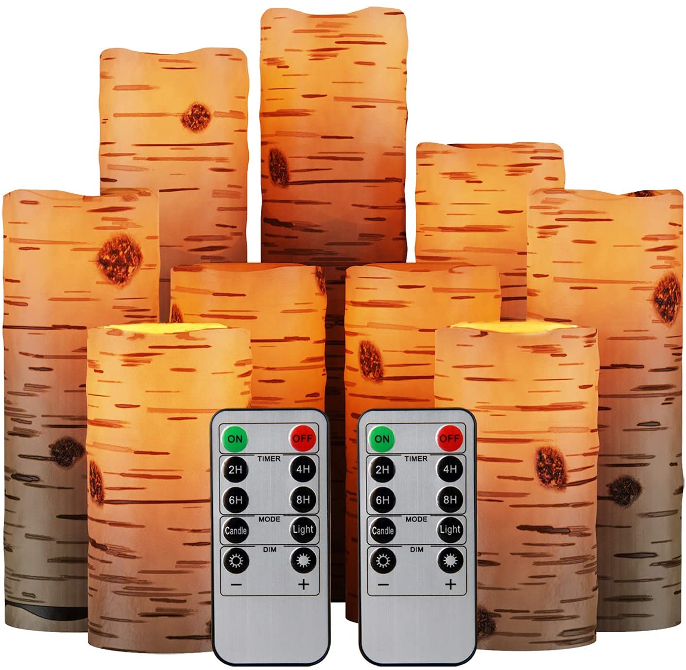 Set of 9 Flameless LED Candles Battery Operated - Real Wax Flickering Electric Candles with Remote Control & Timer - Perfect for Wedding, Birthday, Halloween, Christmas Decor (Birch Bark Design) - Ideal for Home Decor, Romantic Dinners, Spa Relaxation & Holiday Centerpieces