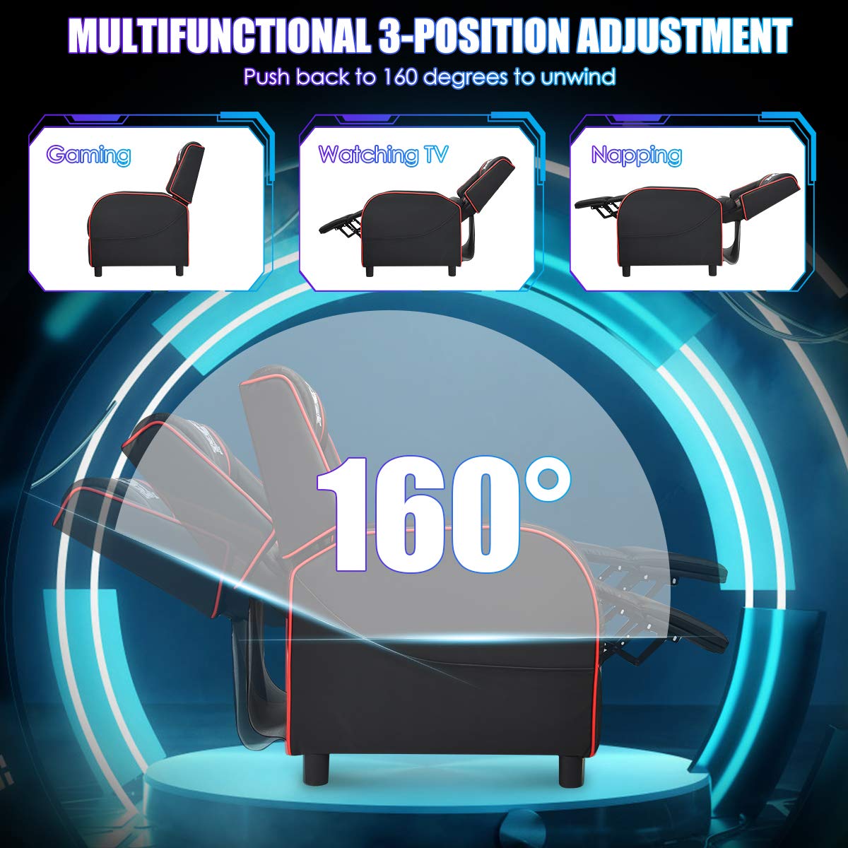 Premium PU Leather Massage Gaming Recliner Chair with Footrest - Modern Racing Style Home Theater Seat for Living Room, Bedroom & Game Room - Ergonomic Comfort for Relaxation, Movie Watching & Video Gaming (Red)