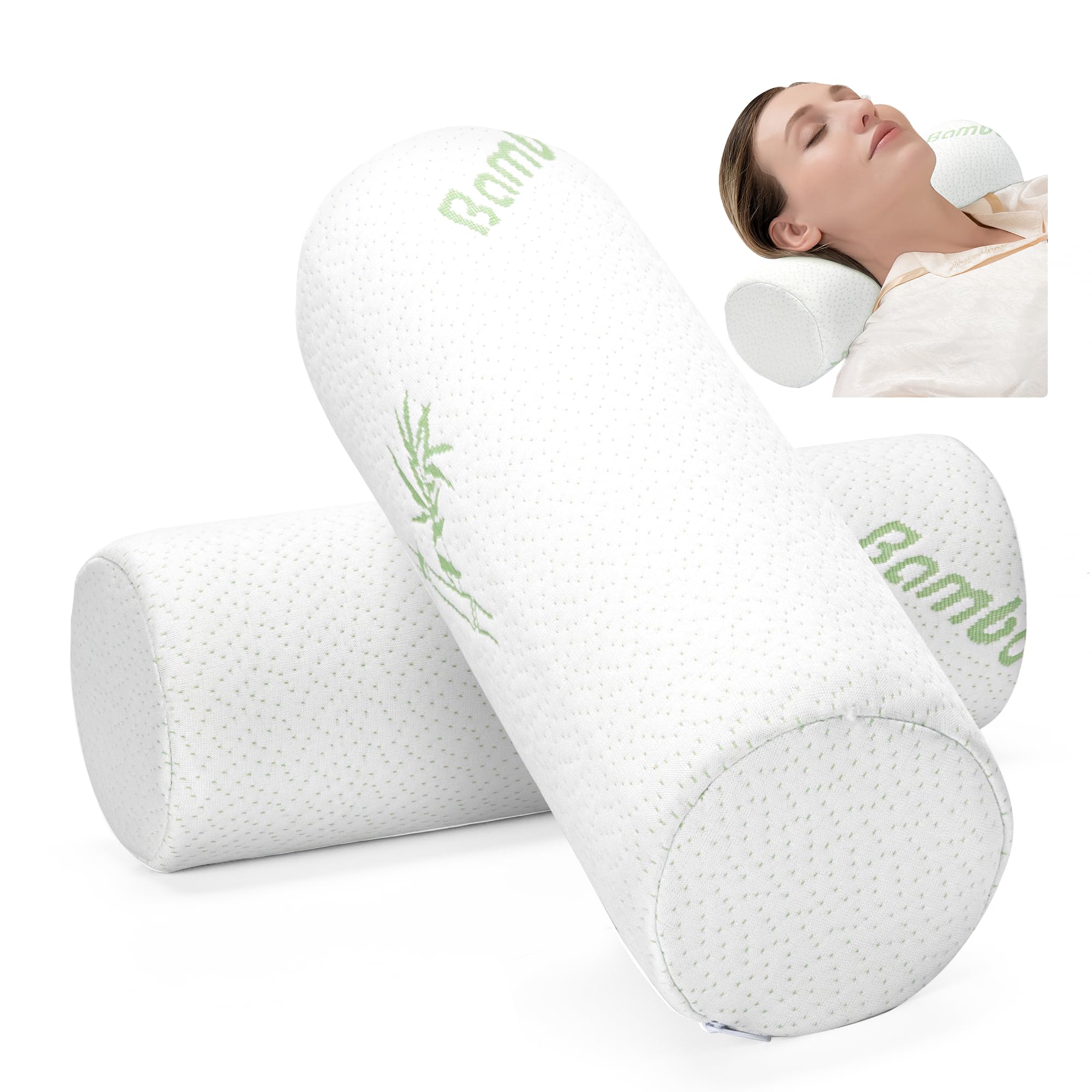 2 Pack Memory Foam Cervical Neck Pillow for Pain Relief - Round Roll Pillow & Neck Brace Support - 13.3 x 4.7 Inches White - Perfect for Travel, Office & Home Use