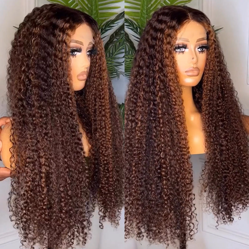 Eullair Honey Brown Highlights Kinky Curly Human Hair Lace Front Wig - Pre-Colored Glueless Lace Frontal Wig for Women | Natural Look for Daily Wear, Parties & Special Occasions