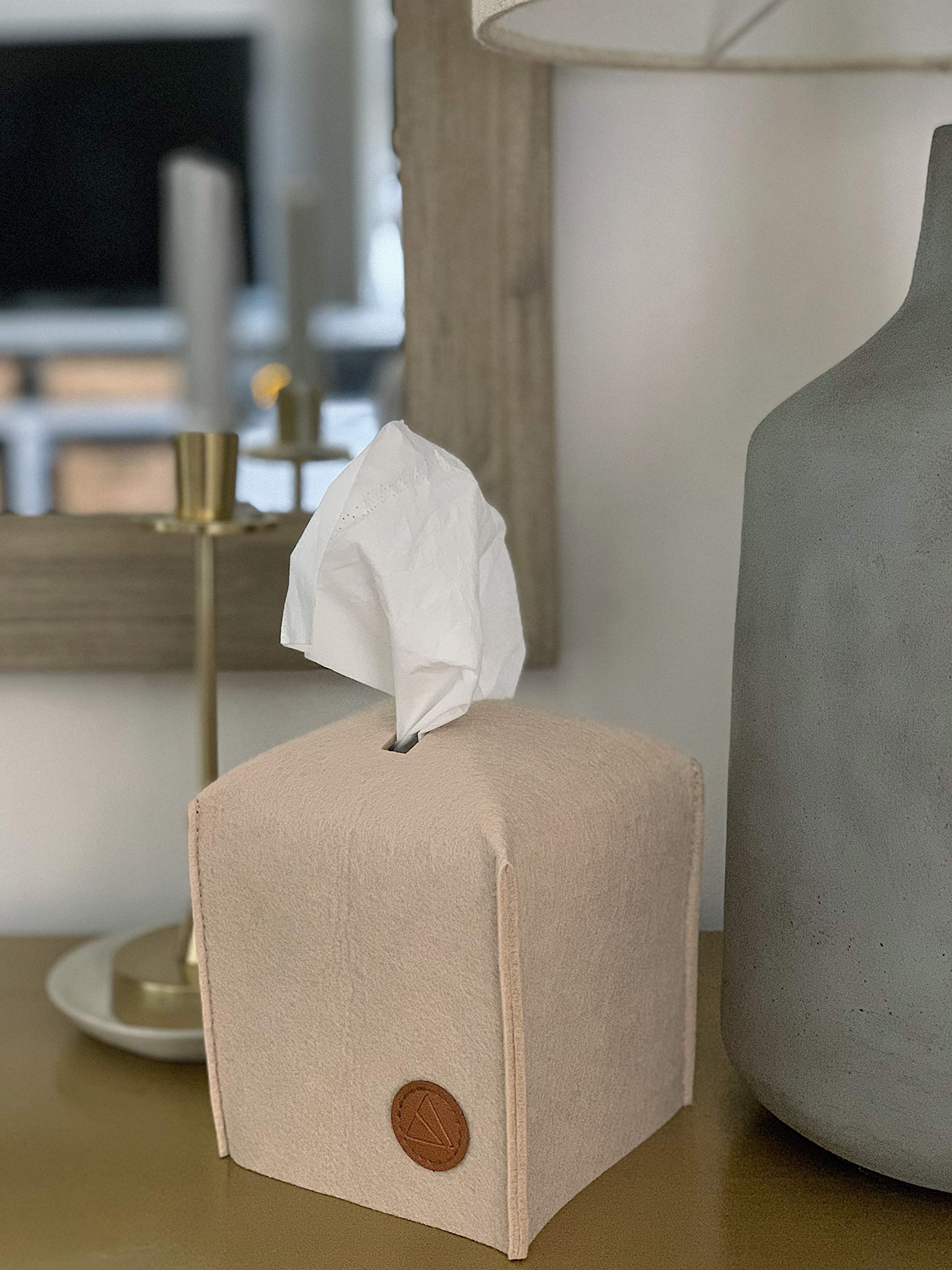 Soft Felt Tissue Box Cover - Square Slide-Out Design for Facial Tissues | Decorative Home & Office Organizer for Bathroom Vanity, Bedroom Dresser, Nightstand, Desk & Table | Perfect for Living Room, Office & Guest Room Decor (Camel Tan)