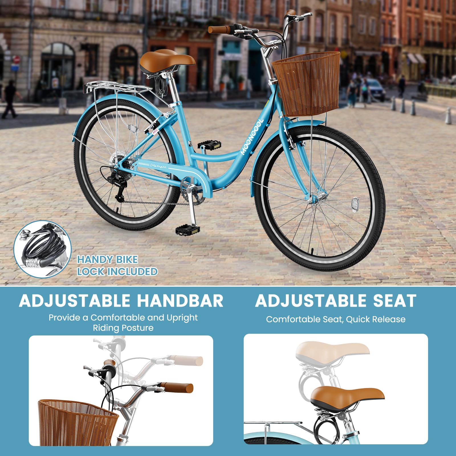 24/26 Inch Women's 7-Speed Cruiser Bike with Basket & Lock - Lightweight City Commuter Bicycle for Ladies - Perfect for Beach Rides, Daily Commuting & Leisure Cycling
