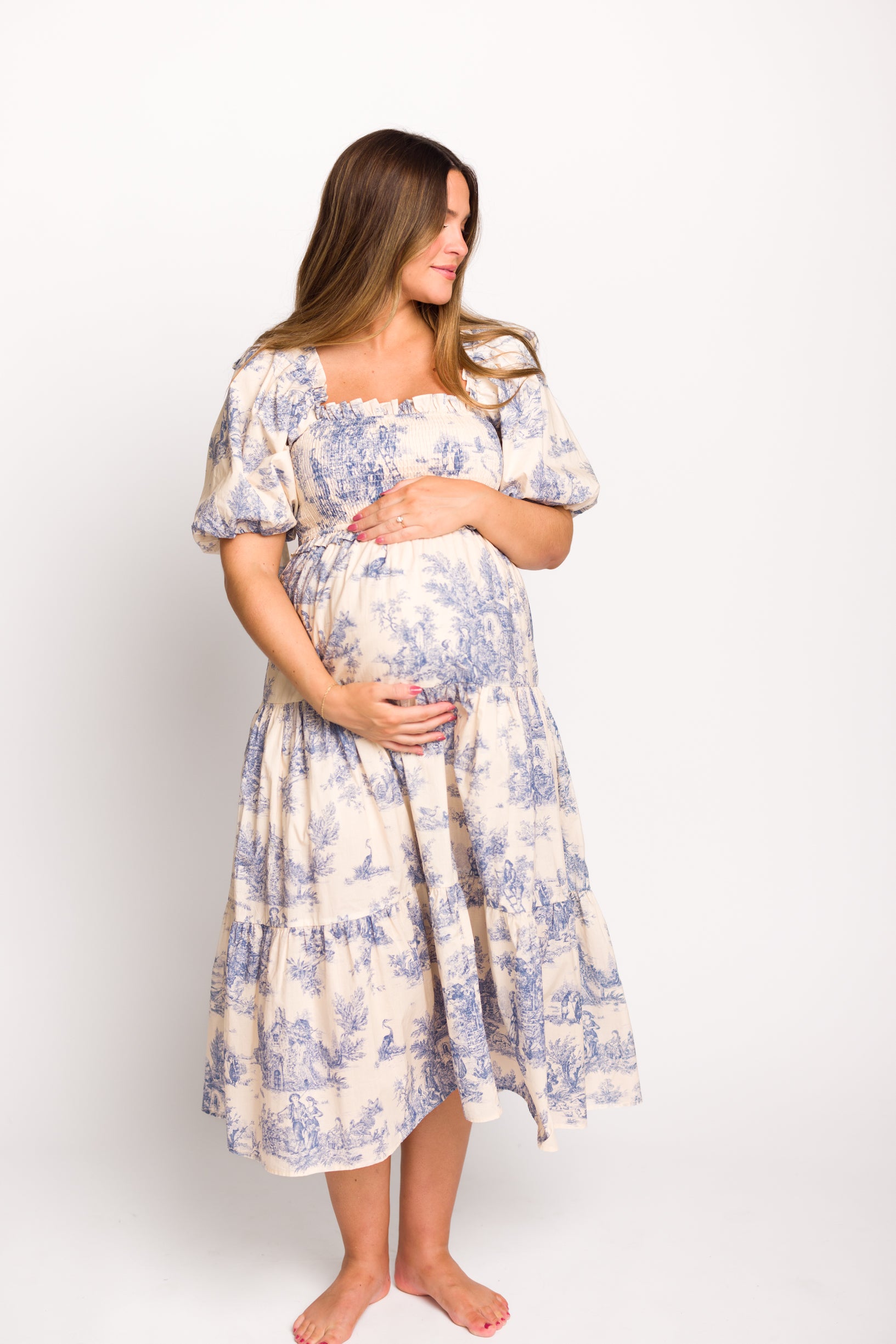 Elena 100% Cotton Toile Print Smocked Midi Dress in Blue - Bump Friendly Maternity Dress for Pregnancy, Nursing & Special Occasions | Perfect for Baby Showers, Brunch Dates & Summer Outings