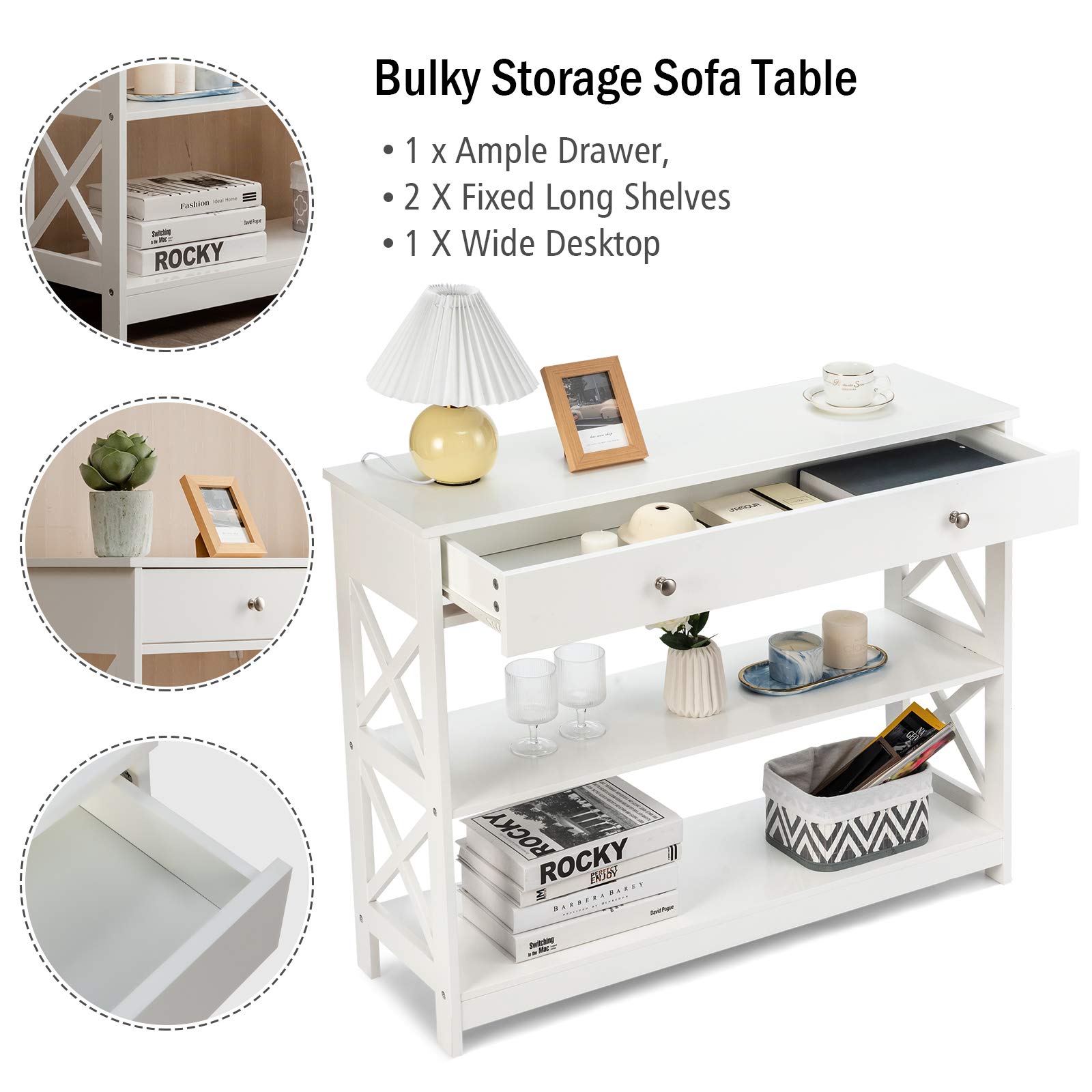 Giantex 3-Tier Console Table with 2 Drawers & Shelves, Modern Entryway Sofa Table with Spacious Desktop - Elegant Hallway, Living Room, Office Side Table (White) | Perfect for Small Spaces, Apartments & Home Décor