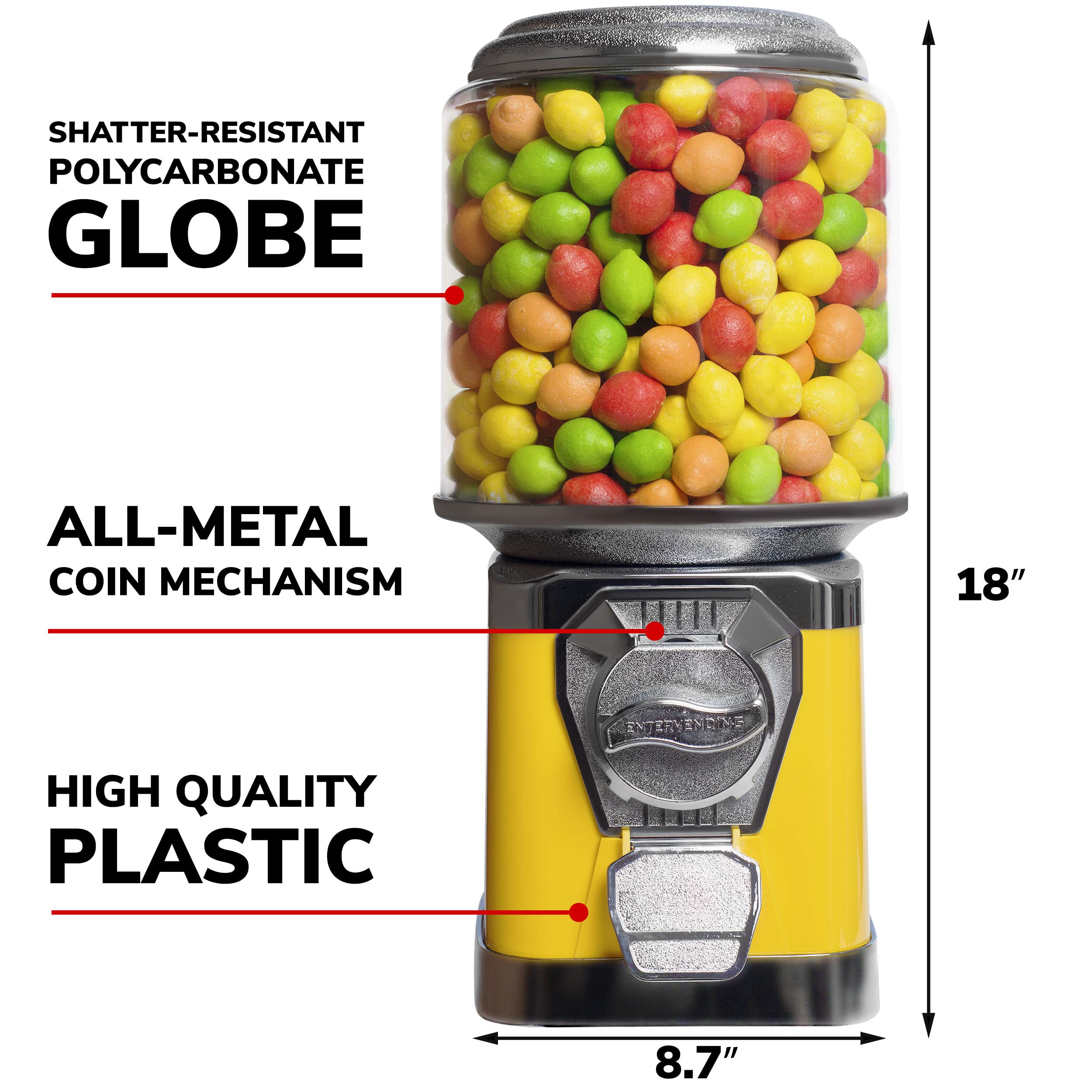 Yellow Gumball Machine for Kids - Fun Coin-Operated Bubble Gum Vending Machine with Cylinder Globe - Perfect for Home, Parties, and Playrooms - No Stand Included