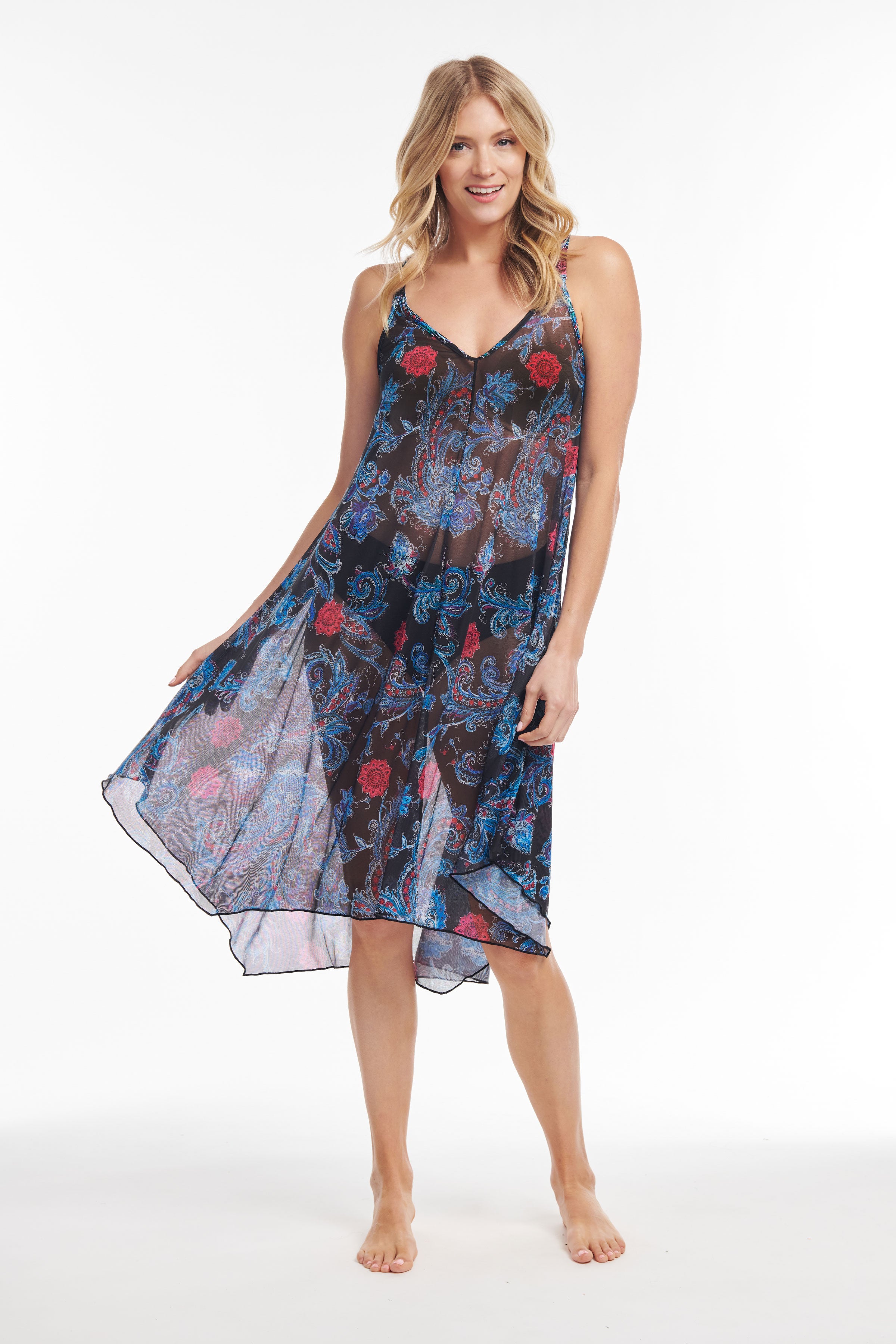 Flowy Mesh Coverup Tank Dress - Mid Length Linework Paisley Design | Beach Cover Up, Summer Dress, Boho Chic Outfit for Pool Party & Vacation