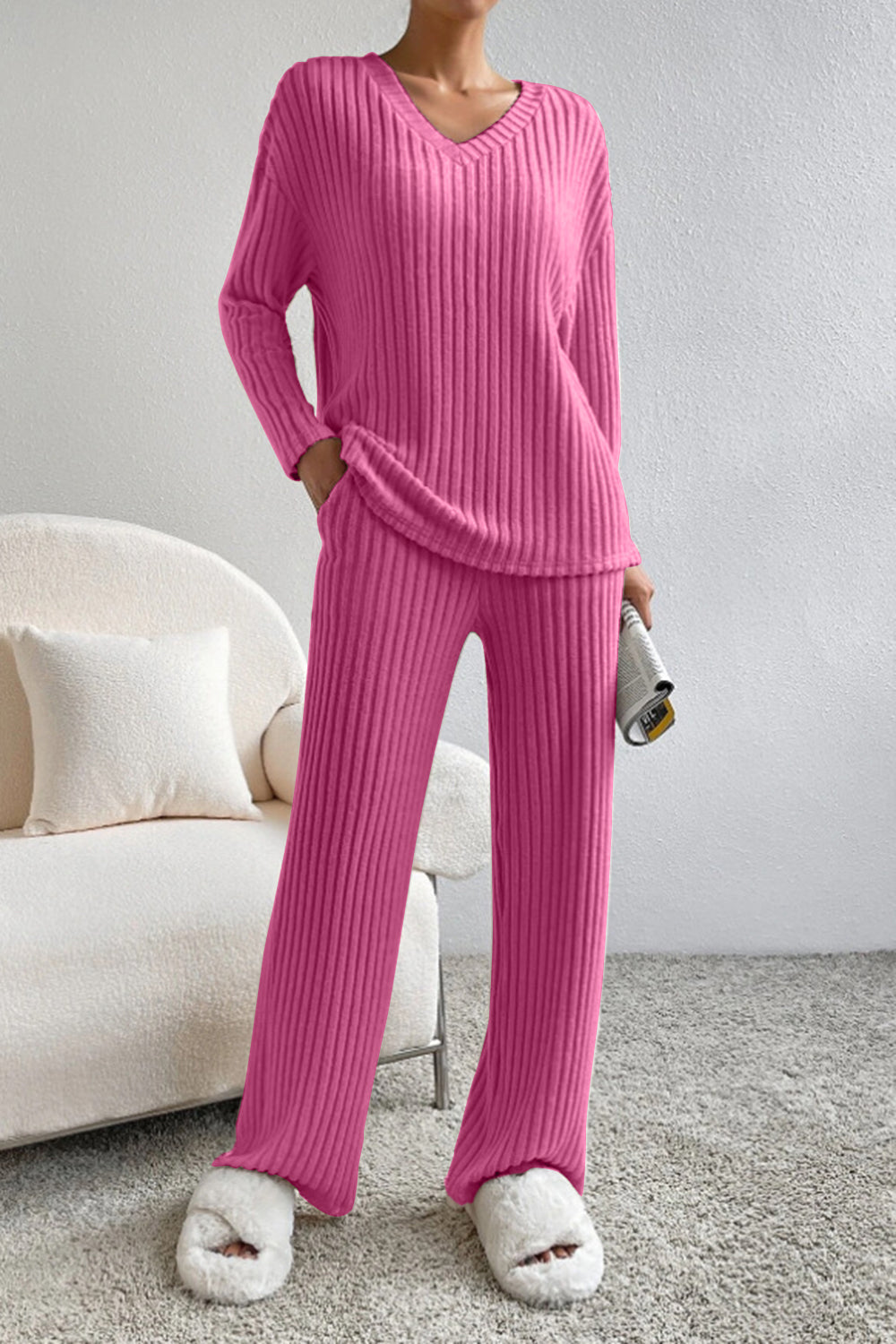 Stylish Ribbed V-Neck Top and Pants Set for Women - Trendy Casual Outfit for Work, Date Night & Everyday Wear