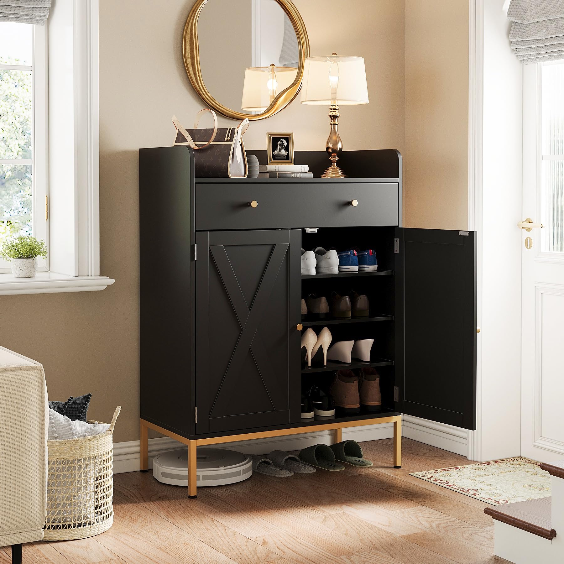 Maupvit 20-Pair Shoe Storage Cabinet with Doors & Drawers - Adjustable Shelves, Metal Legs - 43
