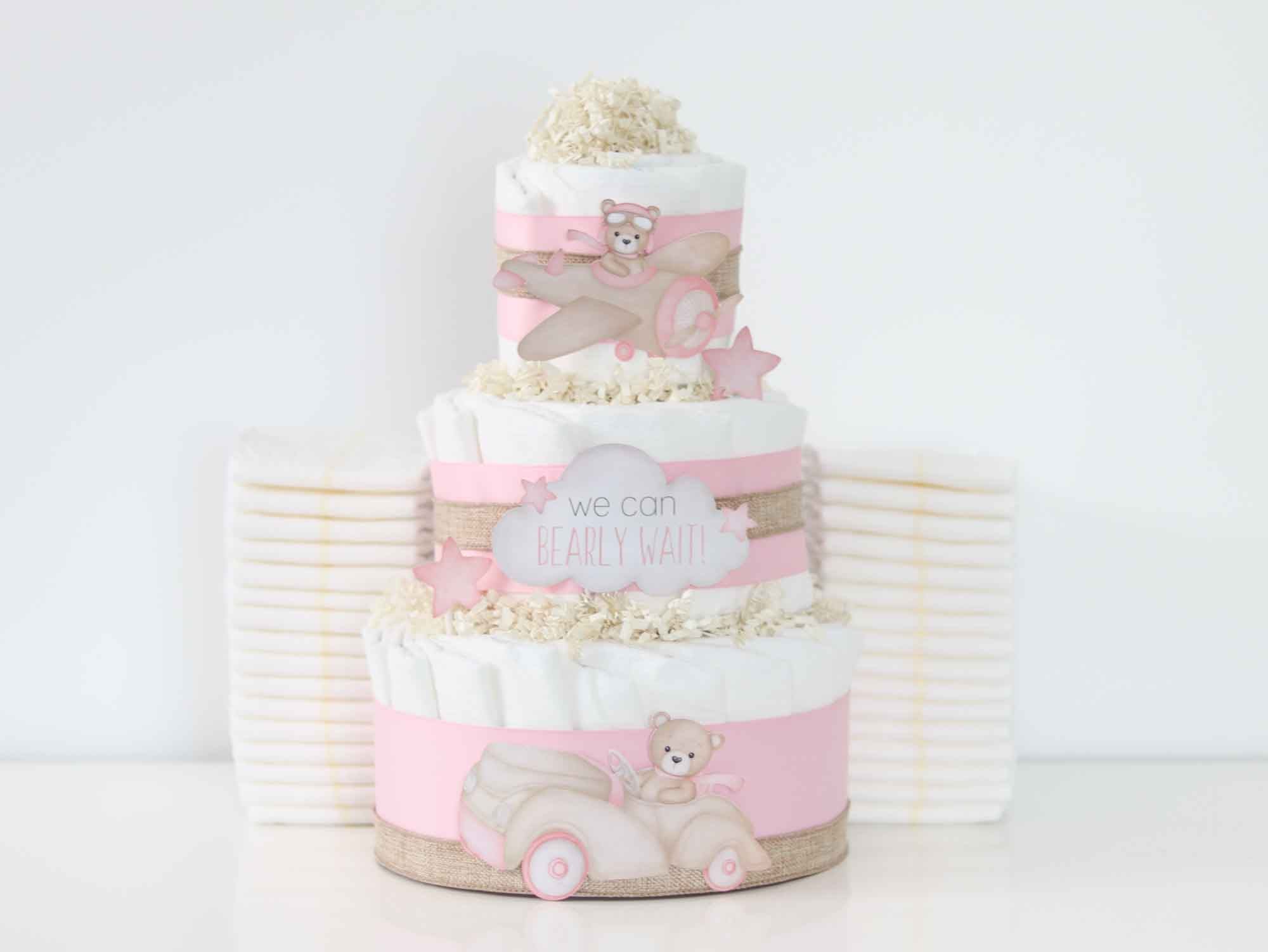 Pink Teddy Bear Diaper Cake Gift Set - Baby Shower, Newborn Celebration, Gender Reveal Party Decor - SKU: DCBG1007