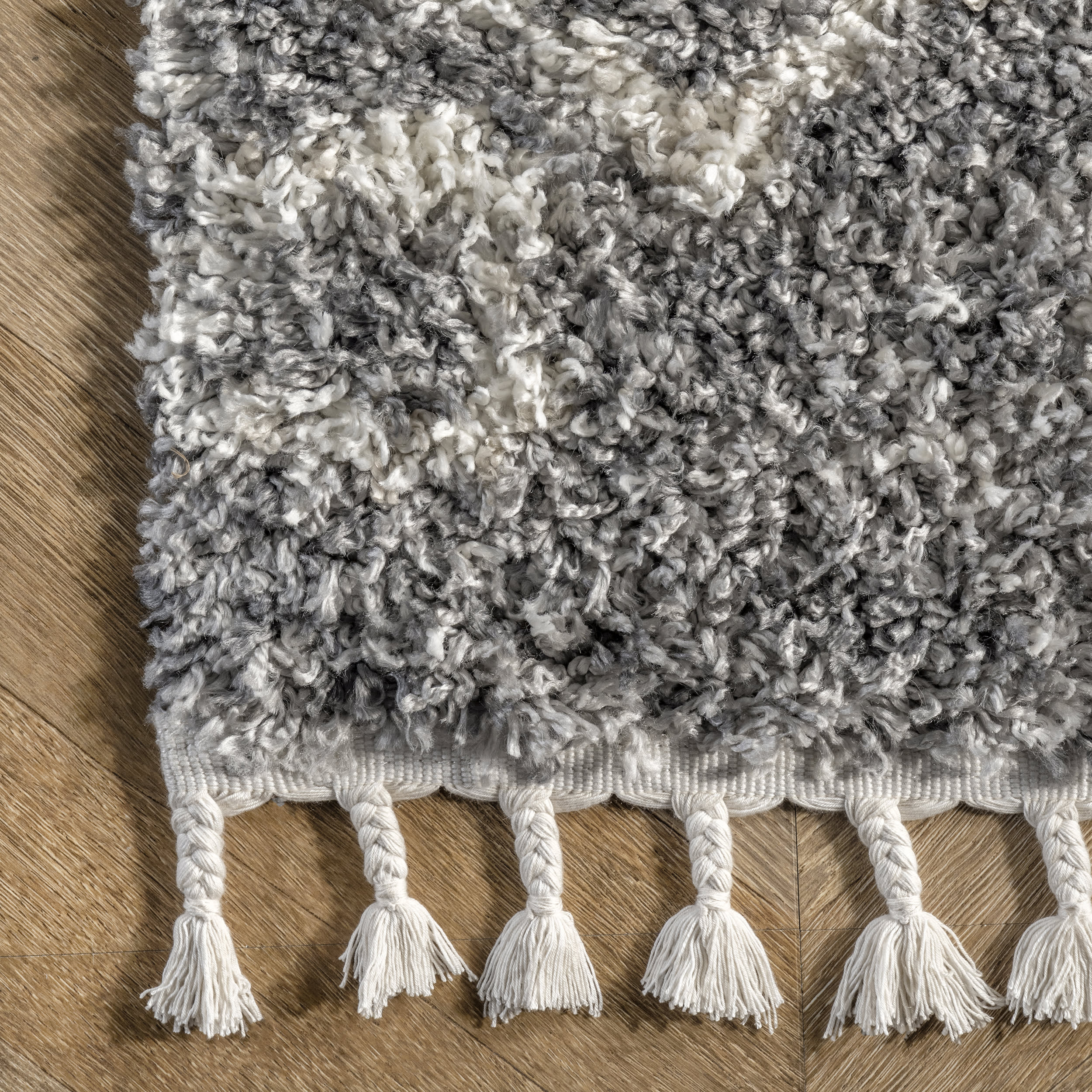 Luxury Diamond Moroccan Shag Rug with Tassels - Soft Plush Grey Area Carpet for Living Room, Bedroom & Boho Home Decor