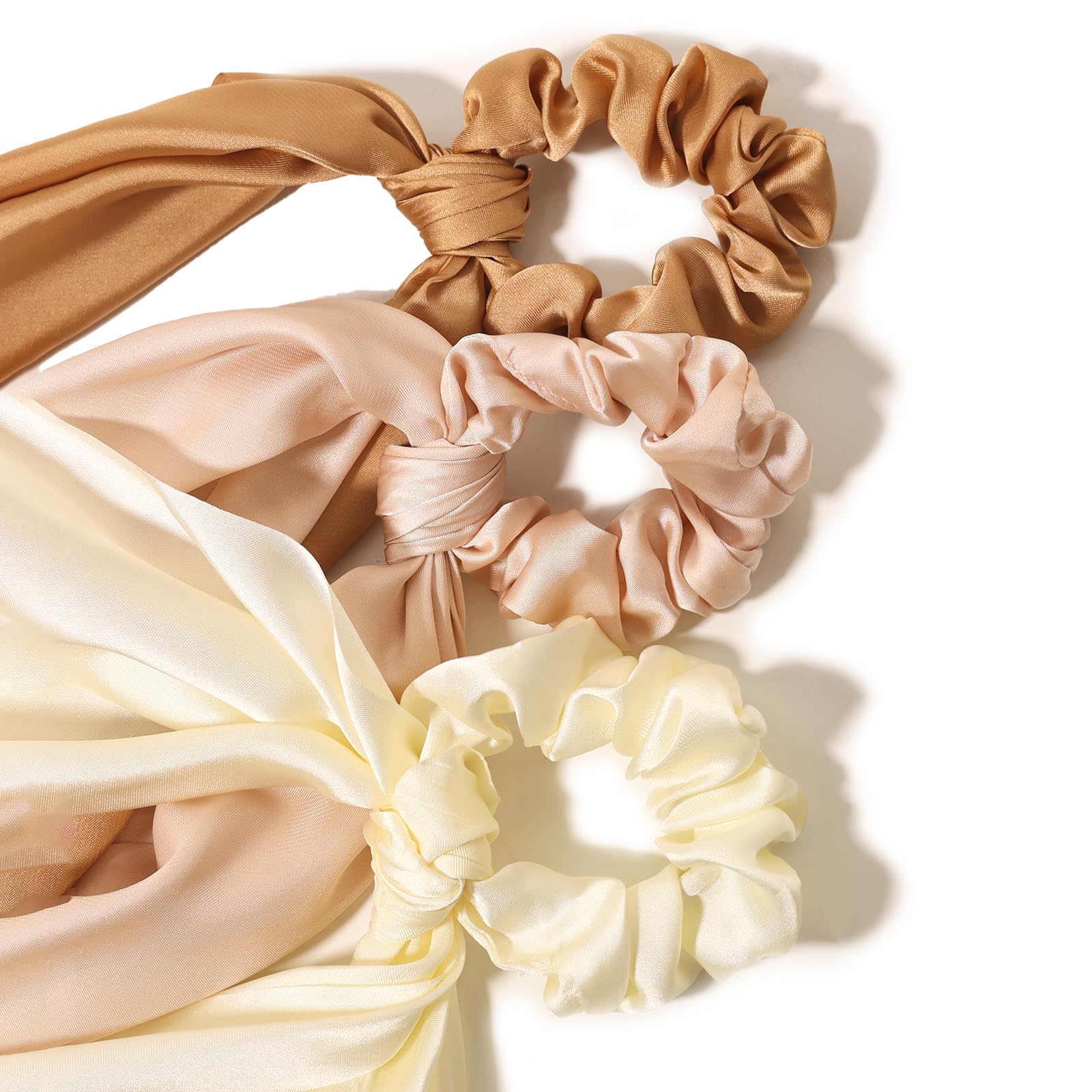 LFOUVRE 3PCS Satin Hair Scrunchie Set - Knotted Bow Hair Ties & Elastic Bands for Women & Girls - Soft Ponytail Holders (Camel, Apricot, Ivory) - Perfect for School, Work, Parties & Everyday Styling