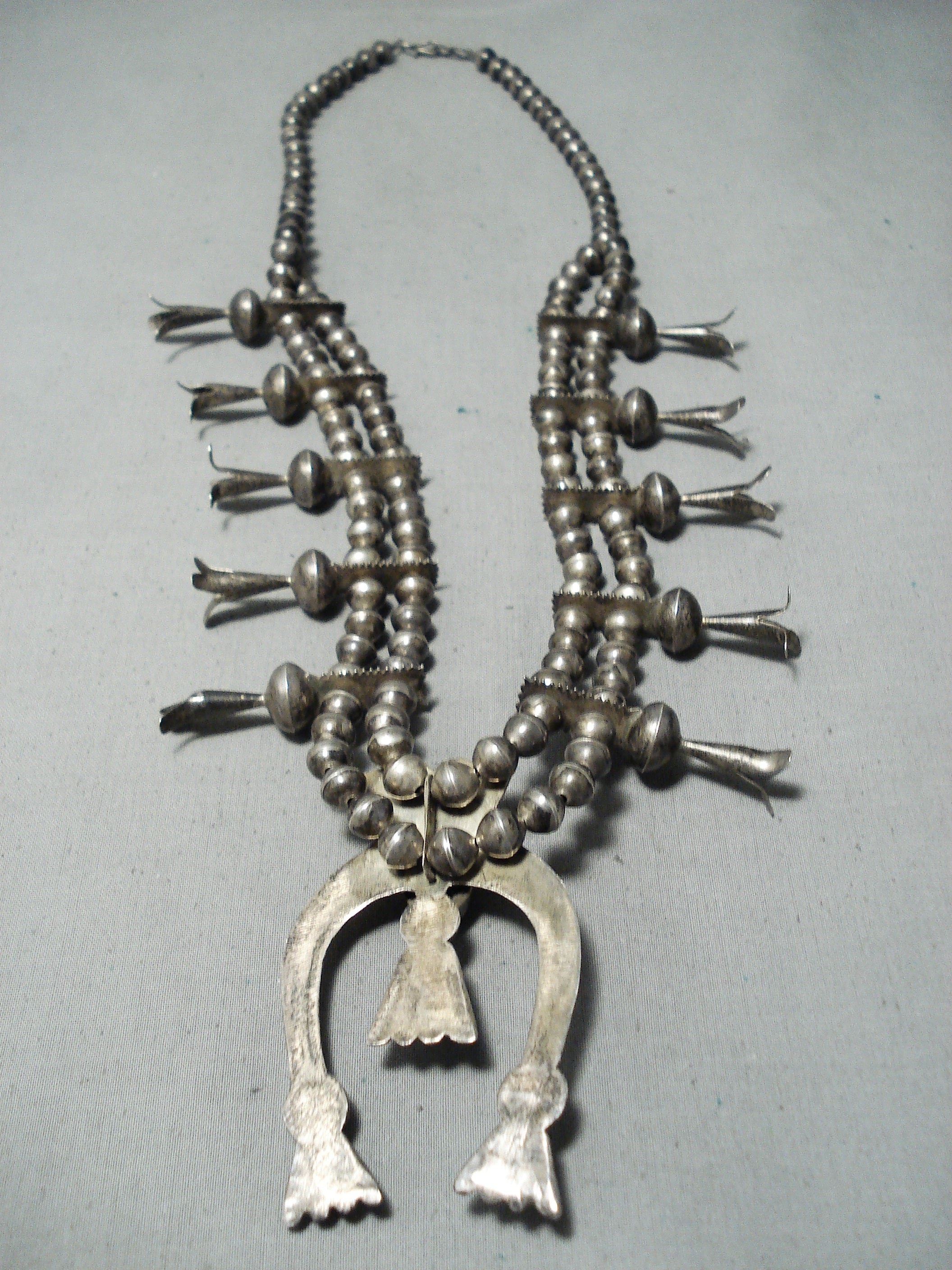 1920's Vintage Navajo Turquoise Sterling Silver Squash Blossom Necklace - Authentic Native American Jewelry for Women, Perfect for Boho Fashion, Weddings & Special Occasions