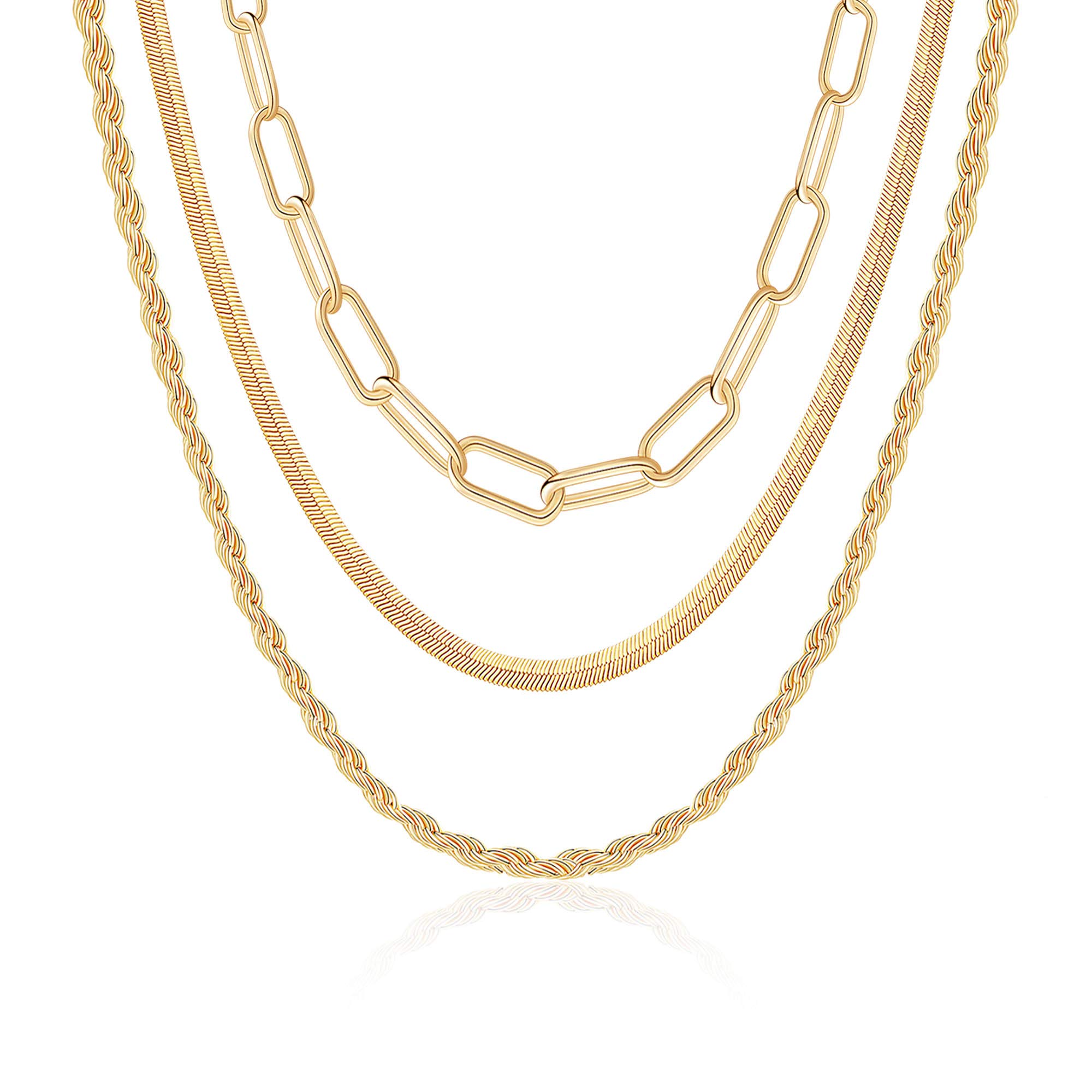 14K Gold Plated Women's Layered Necklace Set - Dainty Coin Pendant, Herringbone & Snake Chain Choker - Elegant Jewelry Gift for Her | Perfect for Date Nights, Office Wear & Special Occasions